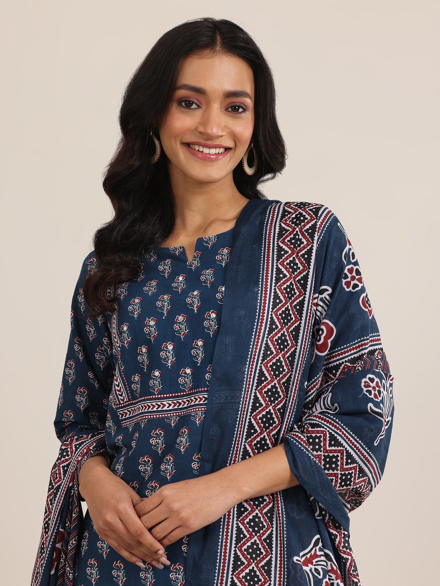 Blue Printed Cotton Straight Suit With Dupatta