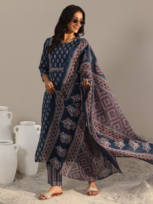 Blue Printed Cotton Straight Suit With Dupatta