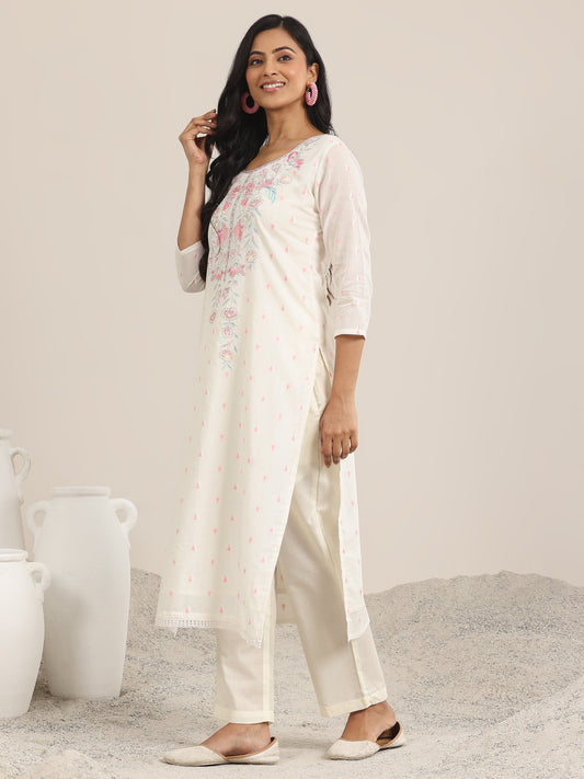 Off White Embroidered Cotton Straight Suit With Dupatta