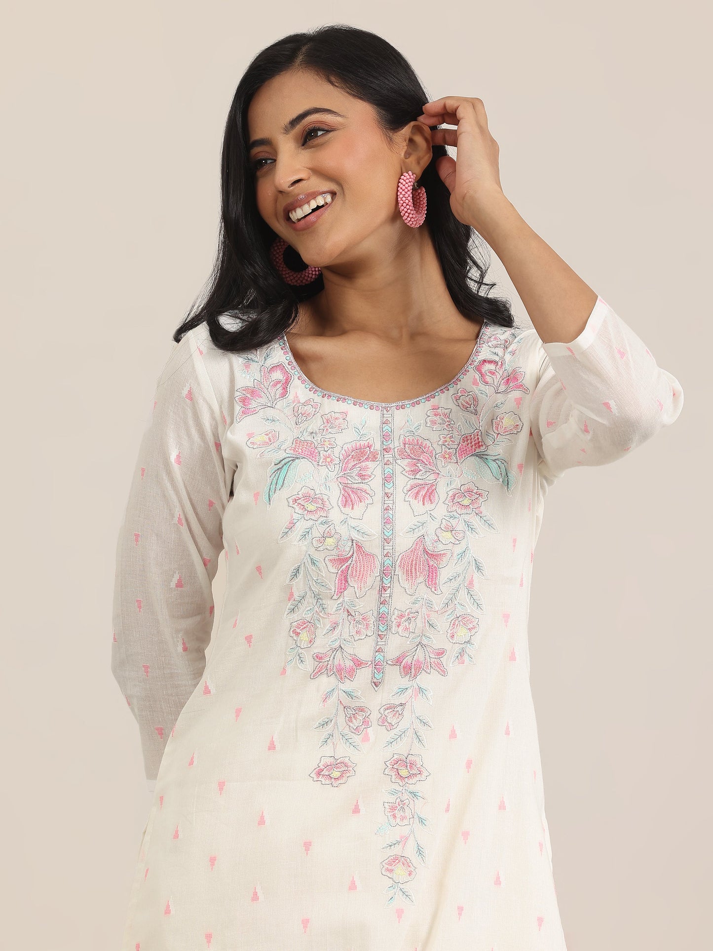 Off White Embroidered Cotton Straight Suit With Dupatta