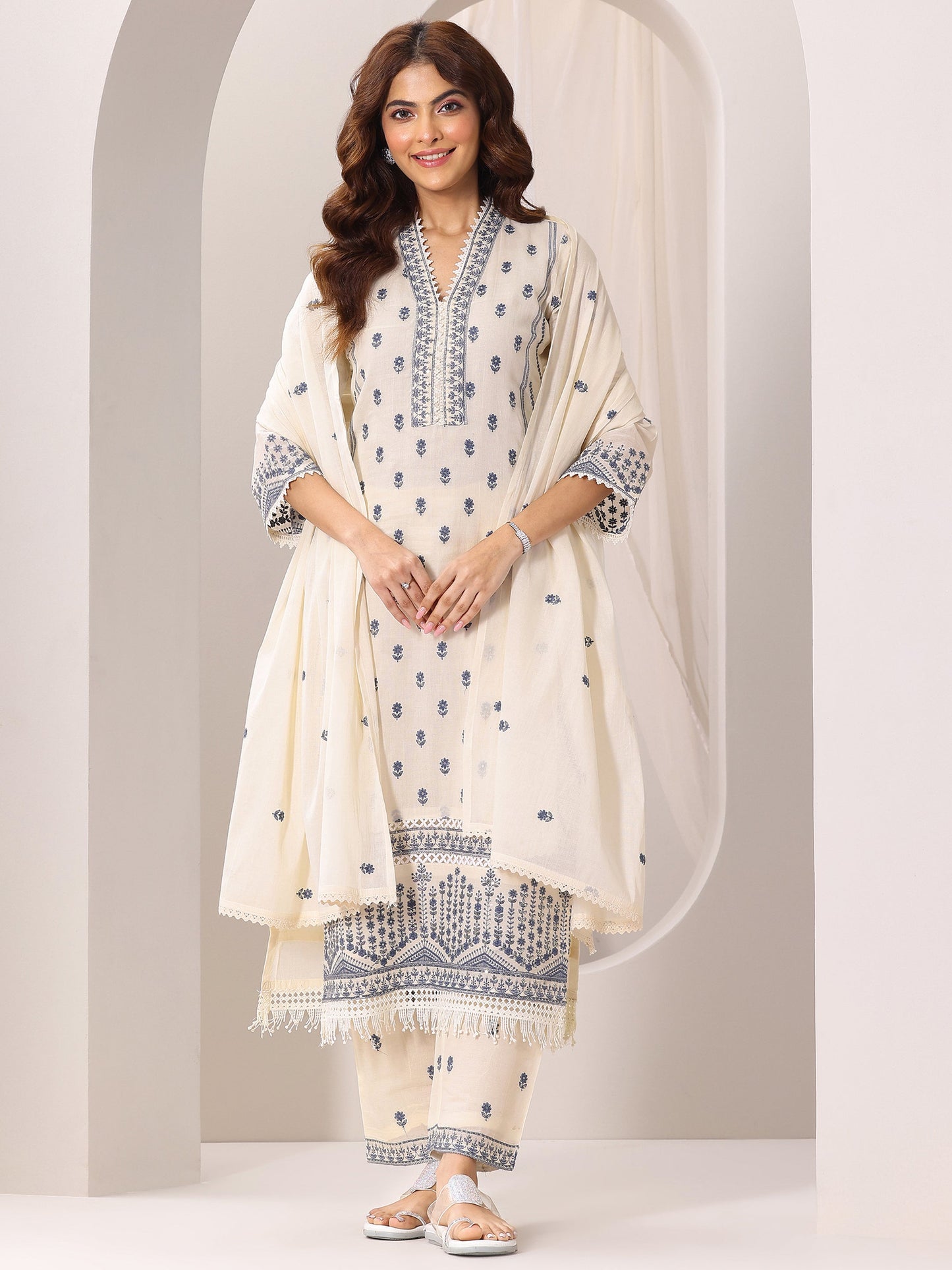 Off White Embroidered Cotton Straight Suit Set With Dupatta