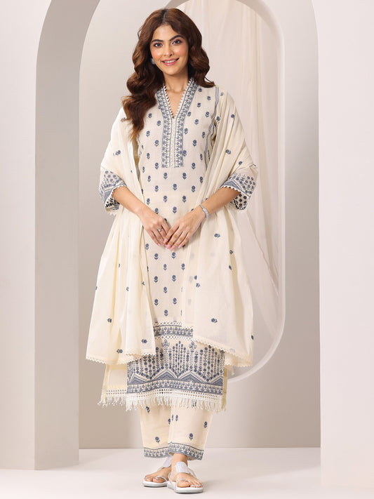 Off White Embroidered Cotton Straight Suit Set With Dupatta