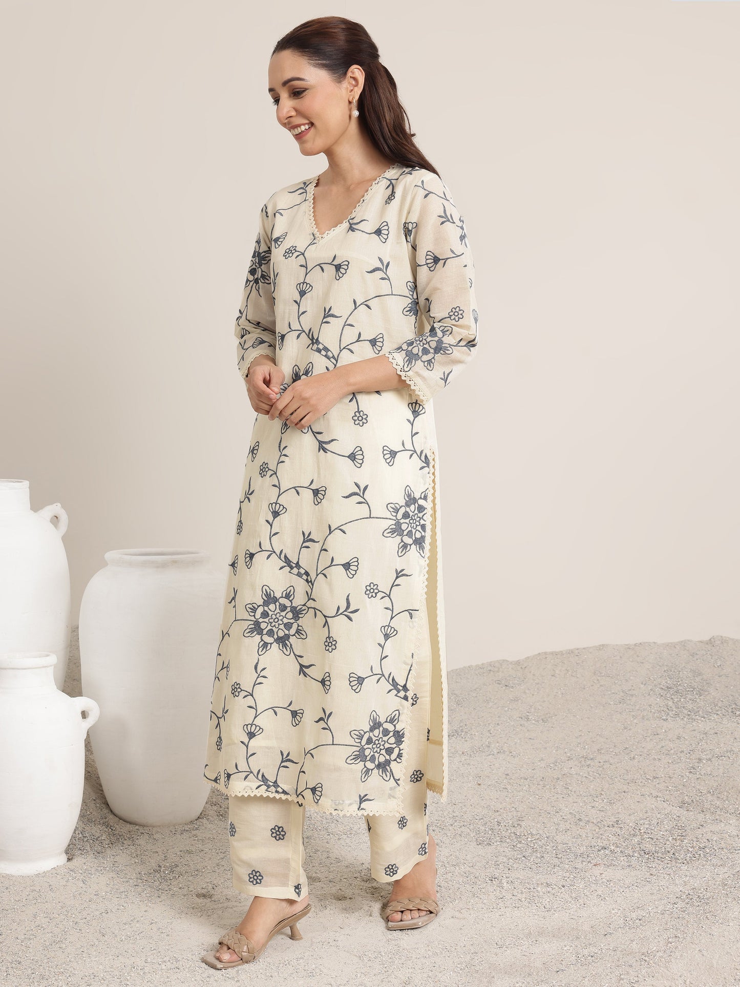 Off White Embroidered Cotton Straight Suit Set With Dupatta