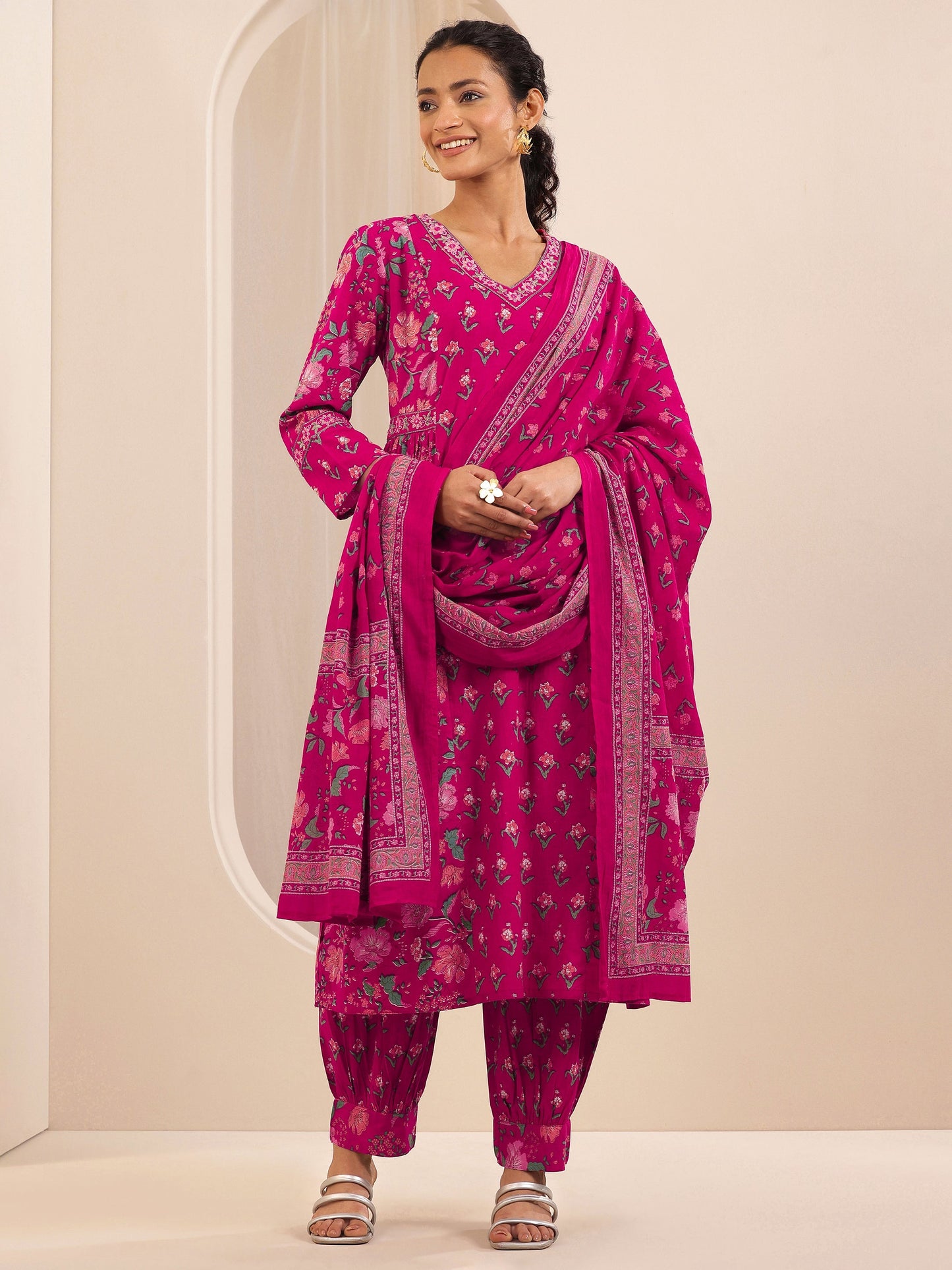 Pink Printed Cotton A-line Suit Sets With Dupatta