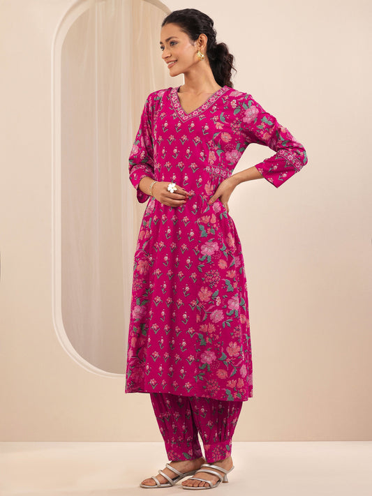 Pink Printed Cotton A-line Suit Sets With Dupatta