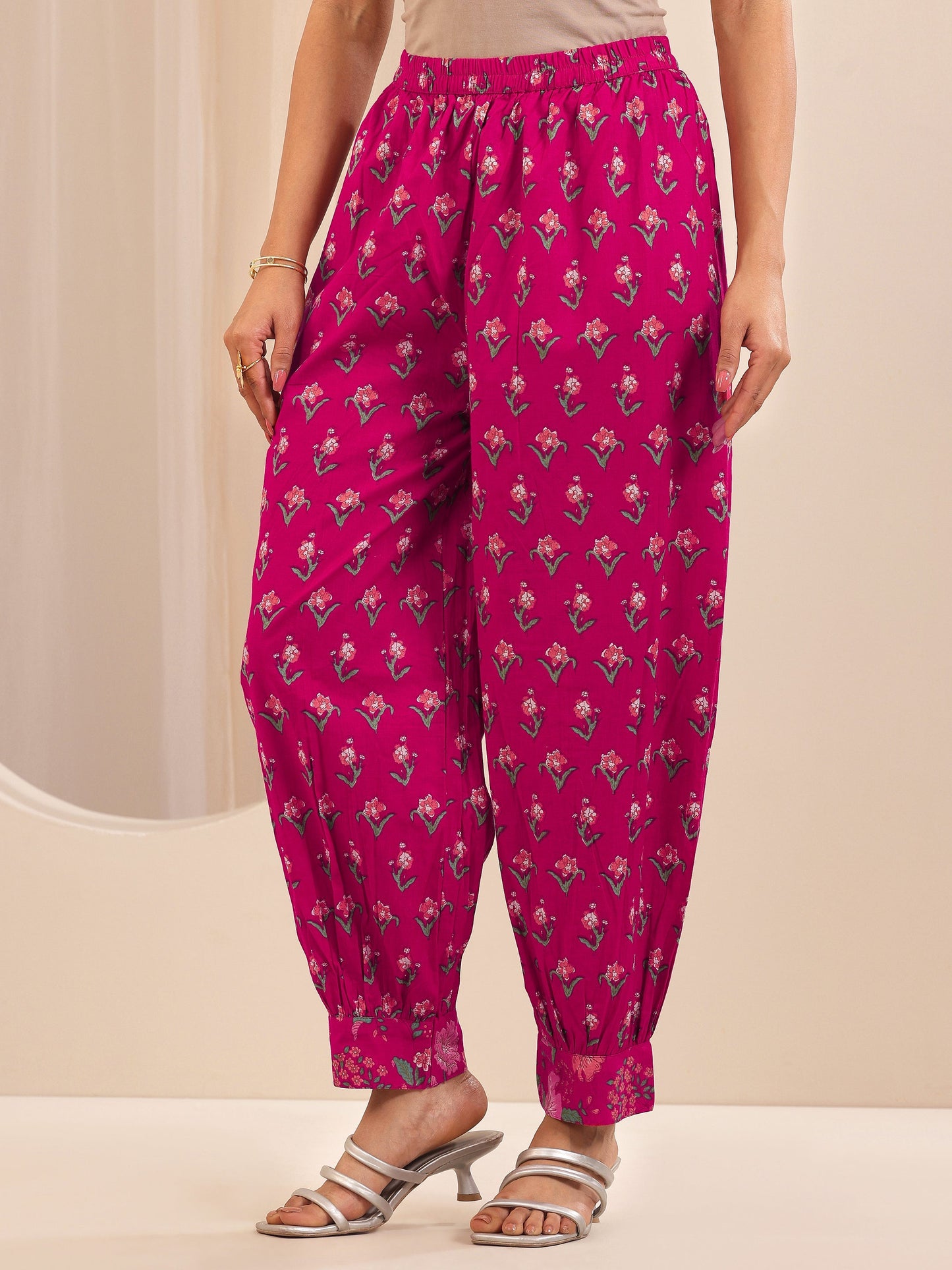 Pink Printed Cotton A-line Suit Sets With Dupatta
