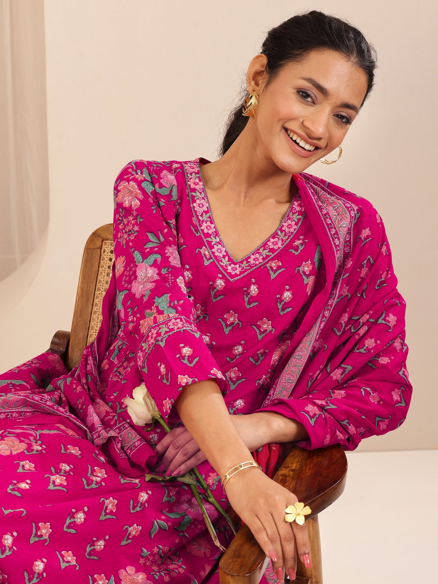 Pink Printed Cotton A-line Suit Sets With Dupatta