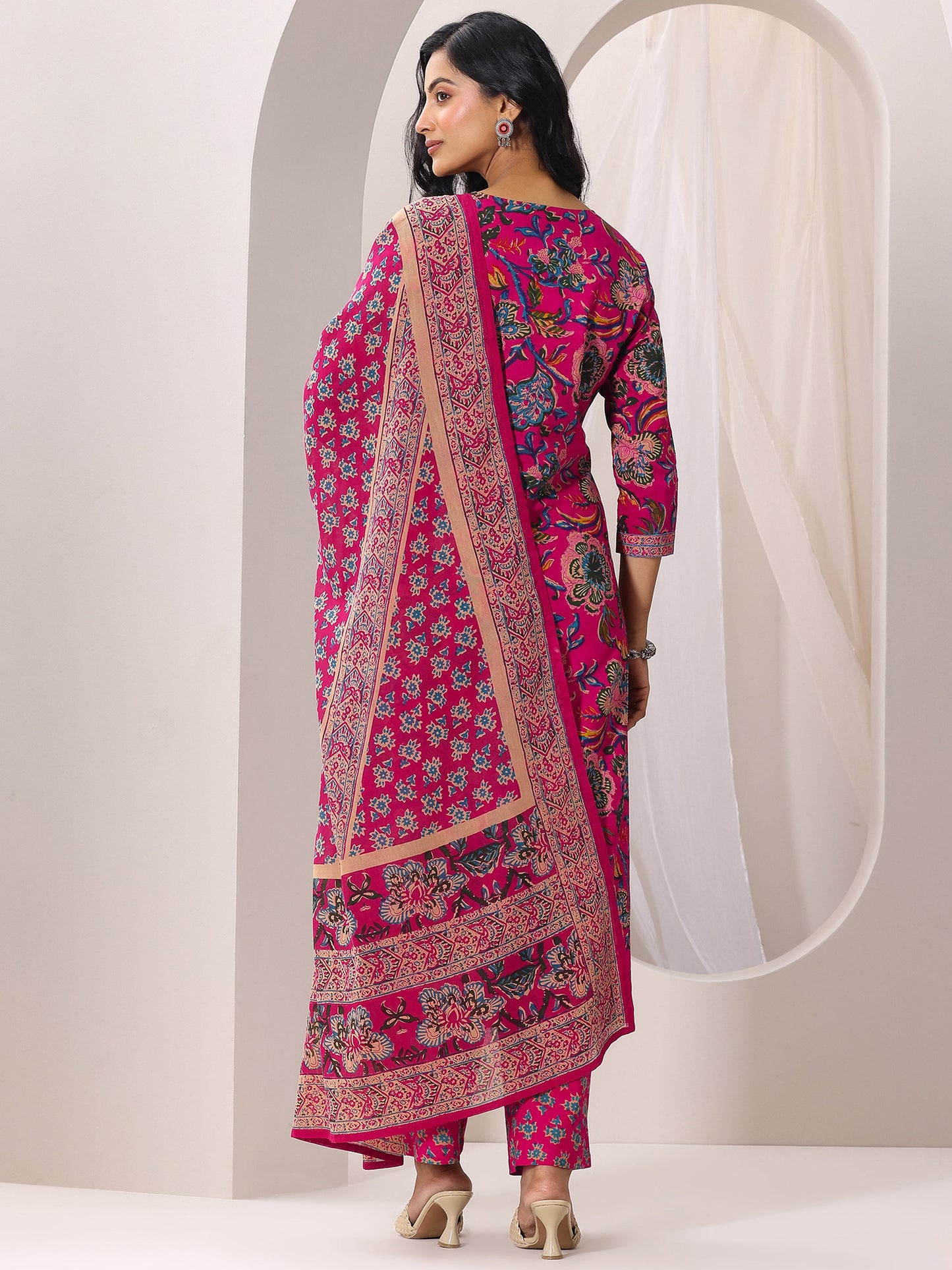Pink Printed Cotton Straight Suit Set With Dupatta