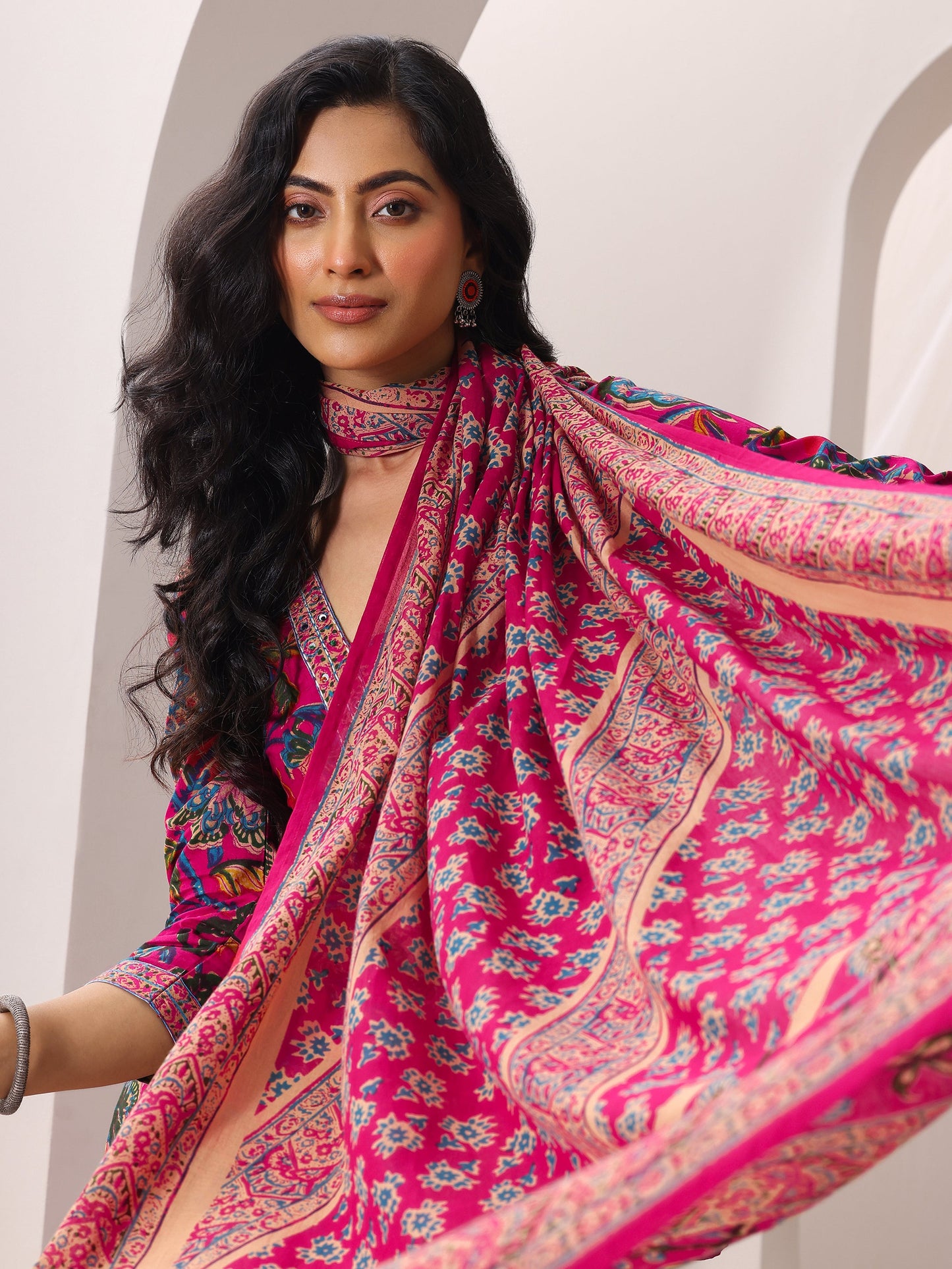 Pink Printed Cotton Straight Suit Set With Dupatta