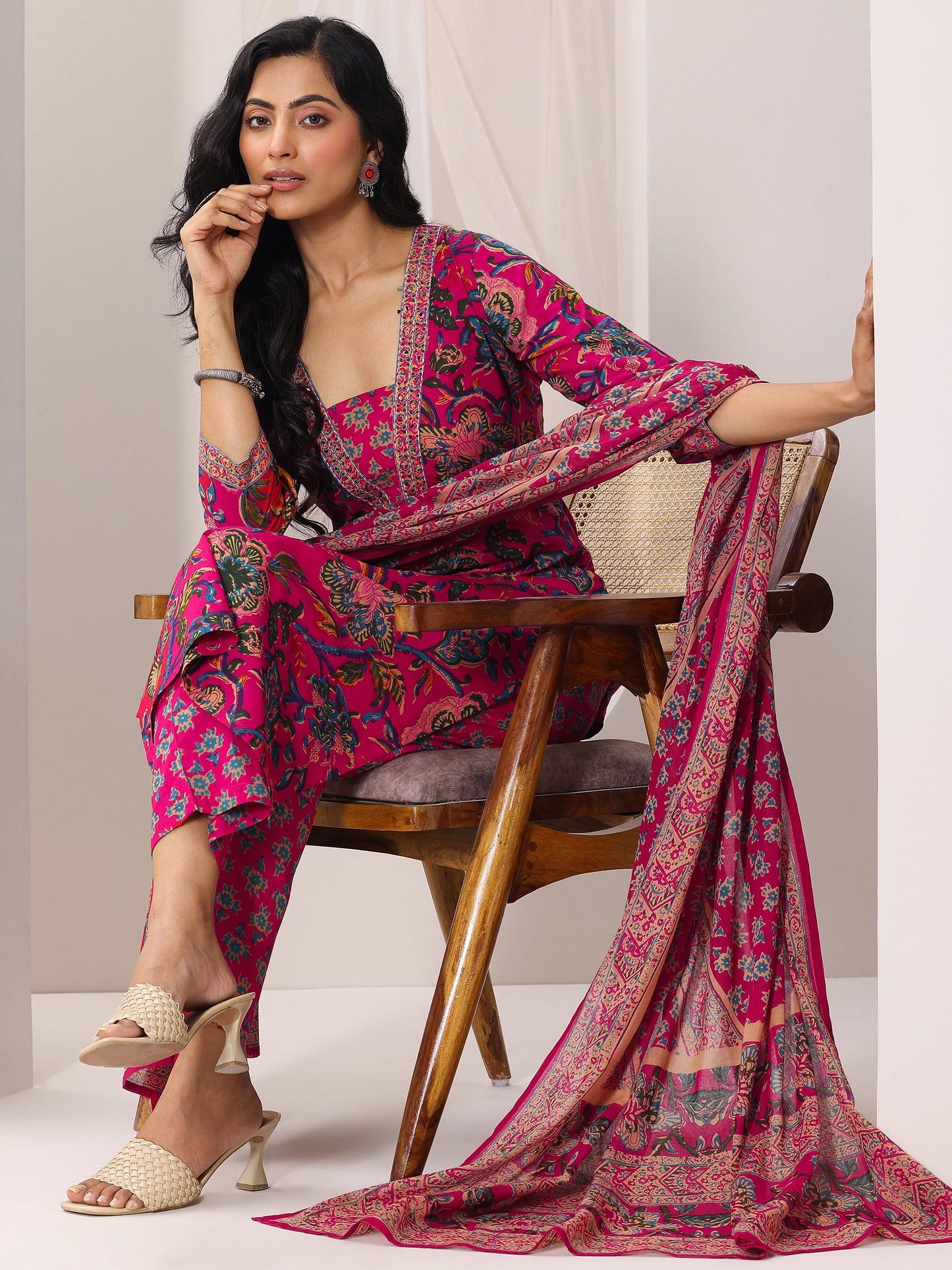 Pink Printed Cotton Straight Suit Set With Dupatta