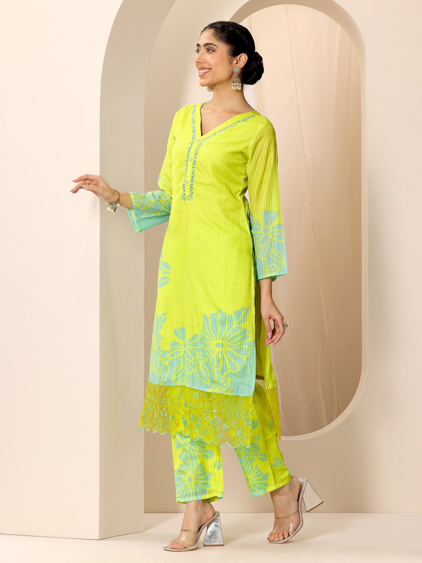 Green Printed Cotton Straight Suit Set With Dupatta