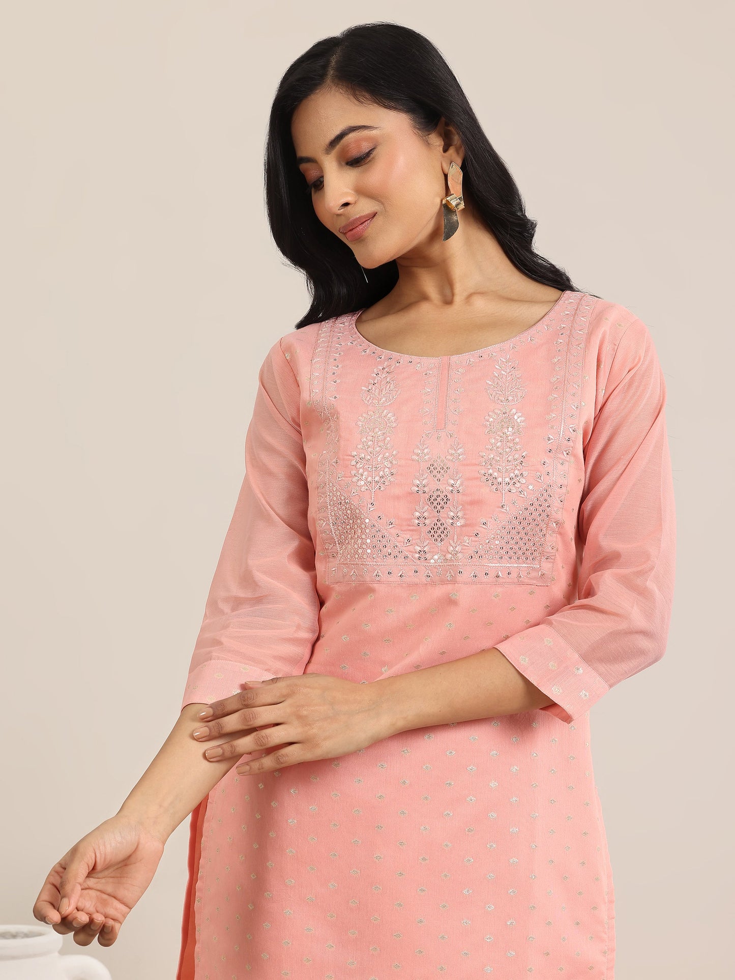 Peach Woven Design Chanderi Silk Straight Suit With Dupatta