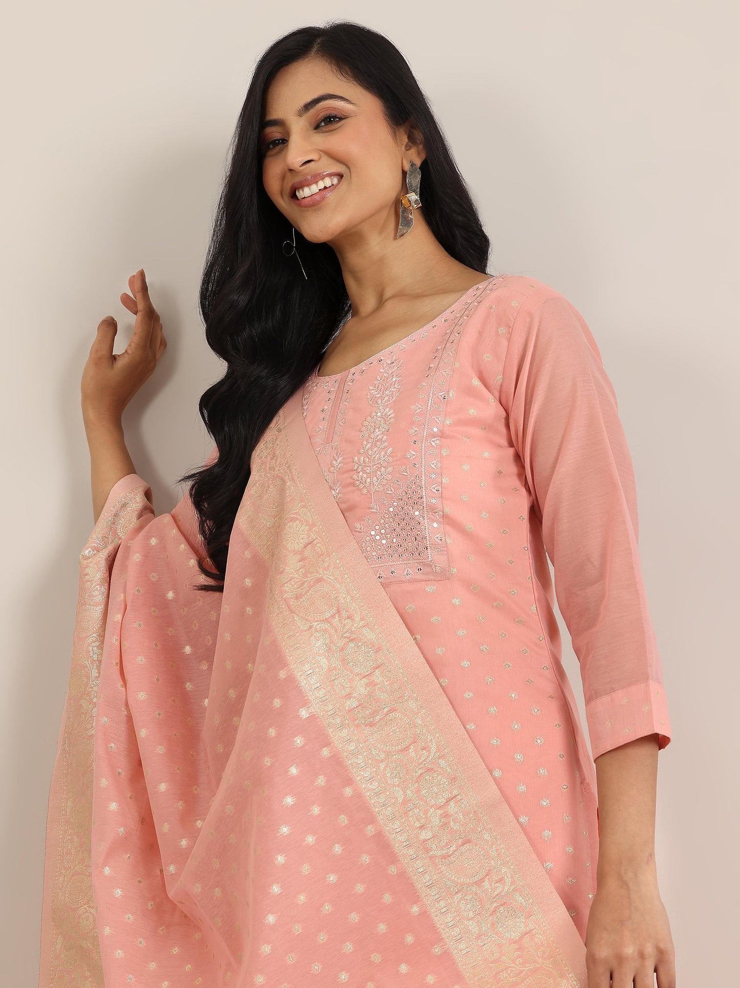 Peach Woven Design Chanderi Silk Straight Suit With Dupatta