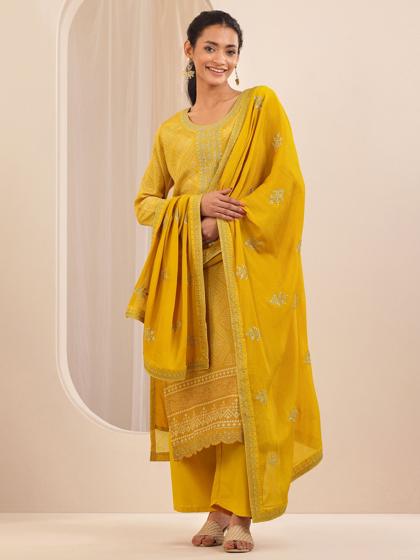 Mustard Printed Chinon Straight Suit Sets With Dupatta