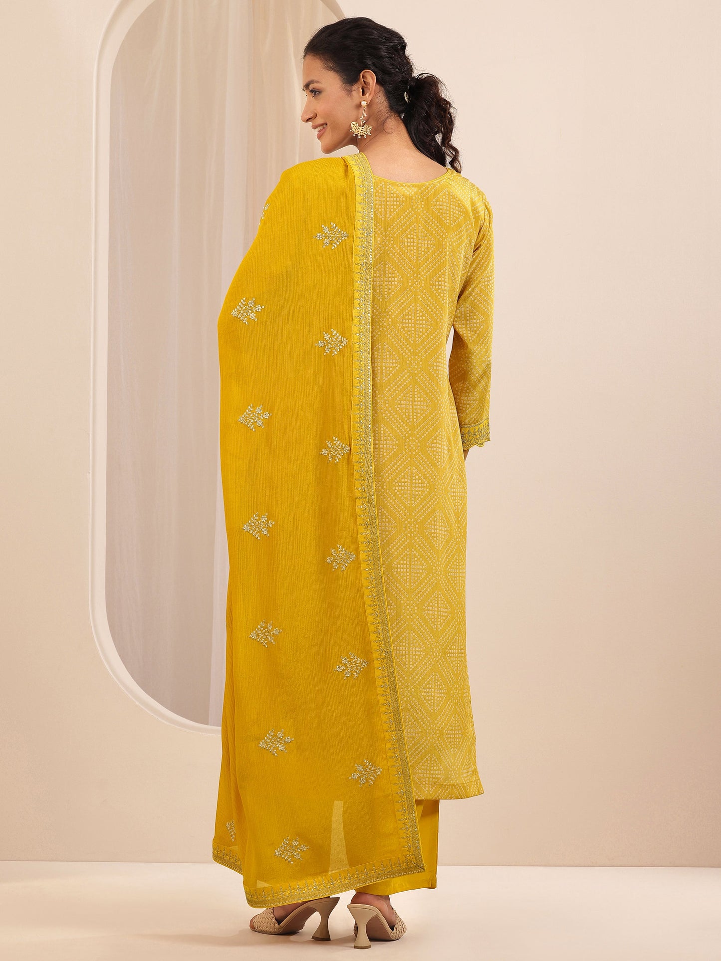 Mustard Printed Chinon Straight Suit Sets With Dupatta