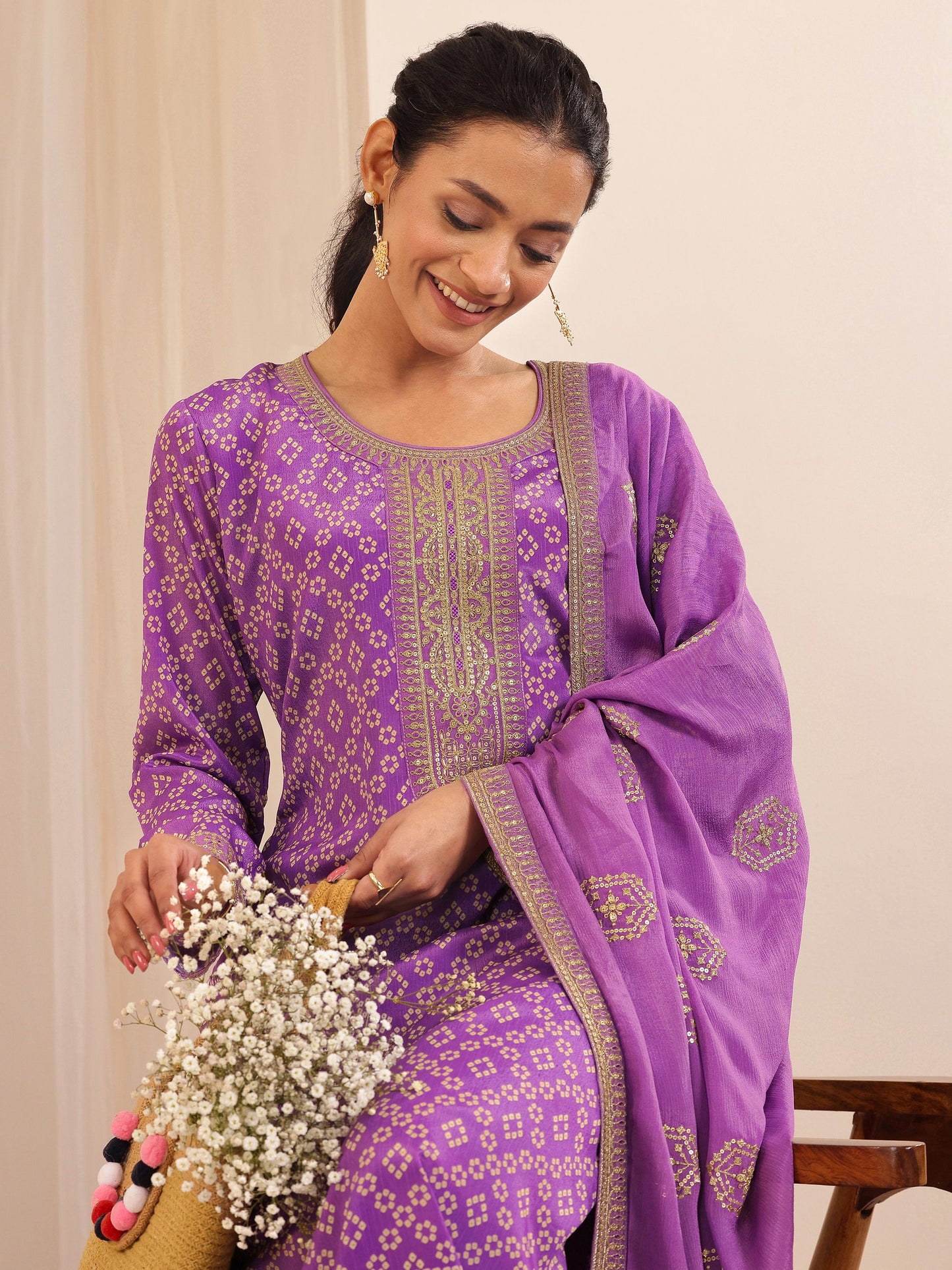 Lavender Printed Chinon Straight Suit Sets With Dupatta