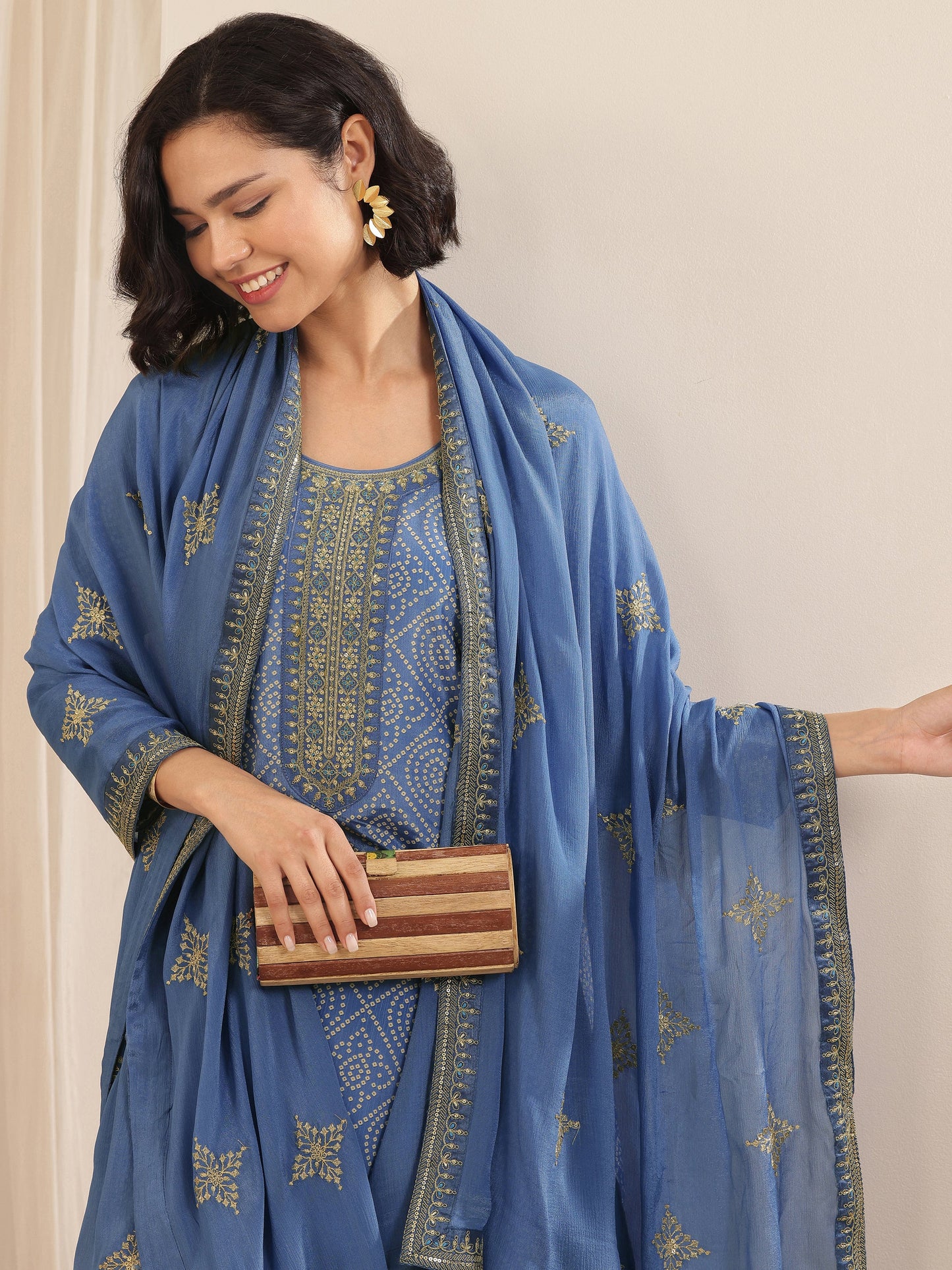 Blue Printed Chinon Straight Suit Sets With Dupatta