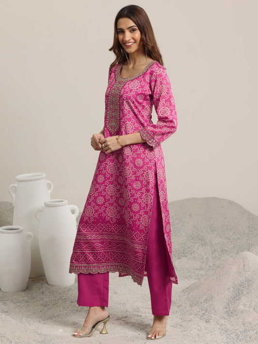 Pink Printed Chinon Straight Suit Set With Dupatta