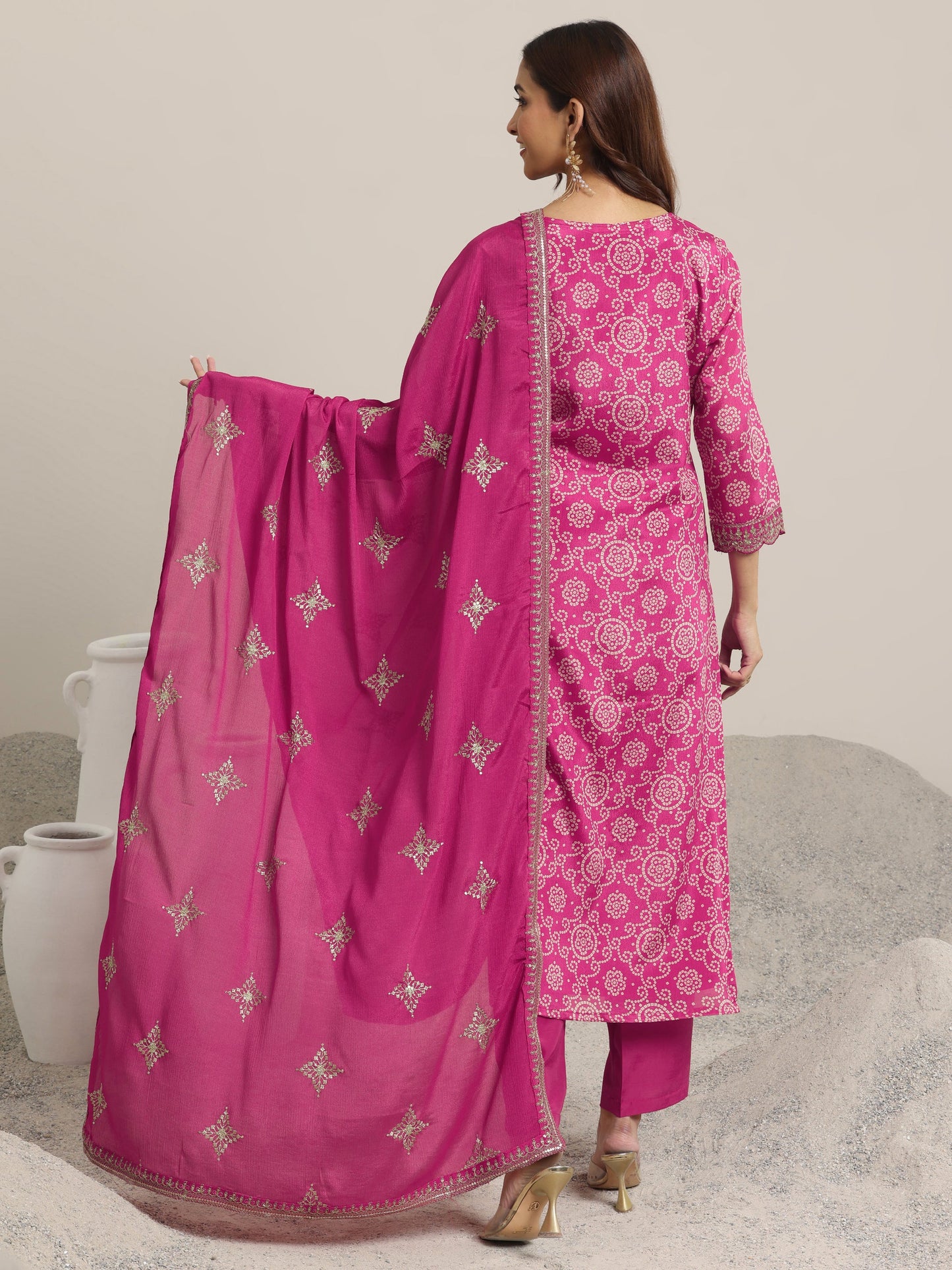 Pink Printed Chinon Straight Suit Set With Dupatta