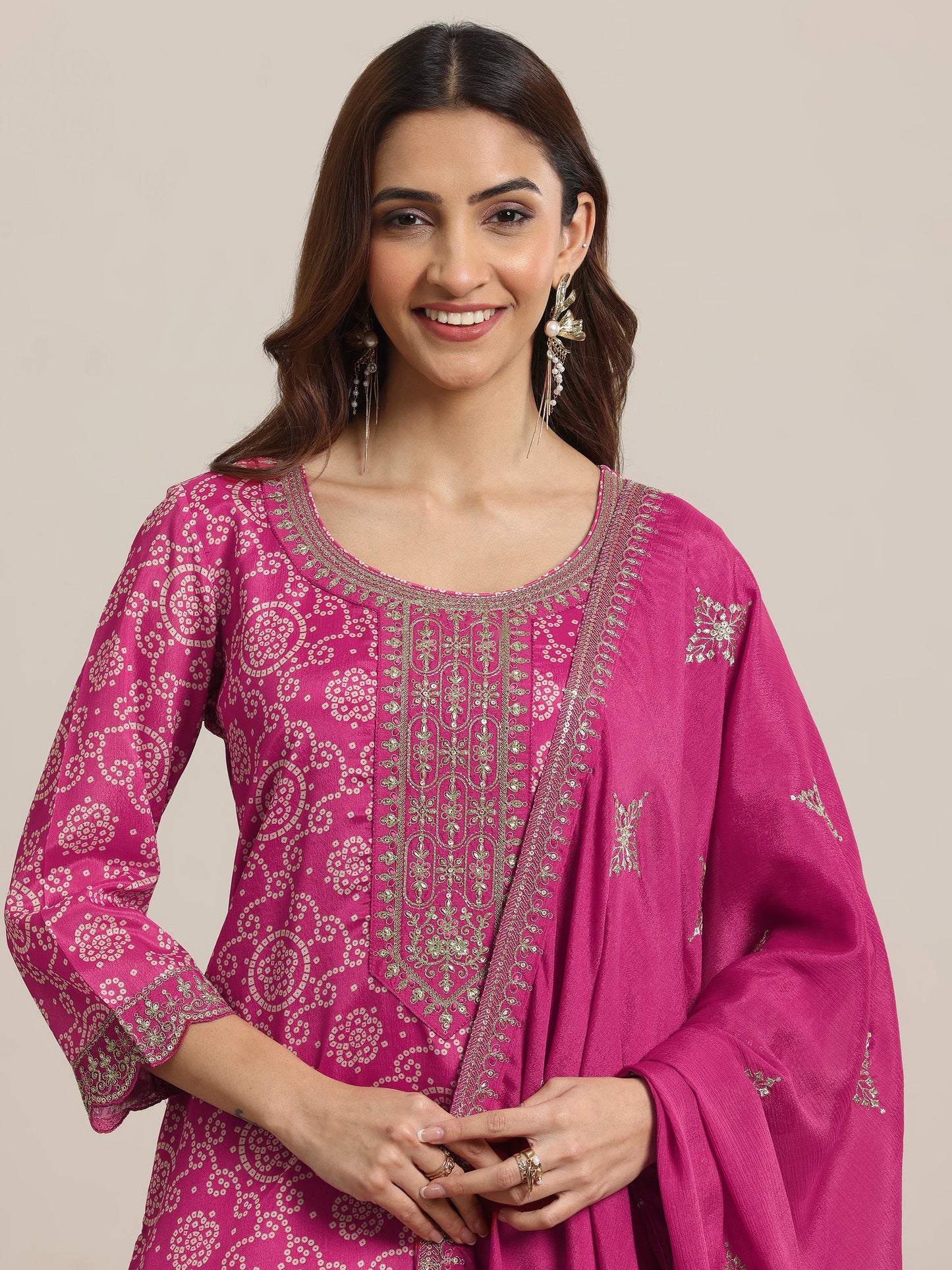 Pink Printed Chinon Straight Suit Set With Dupatta