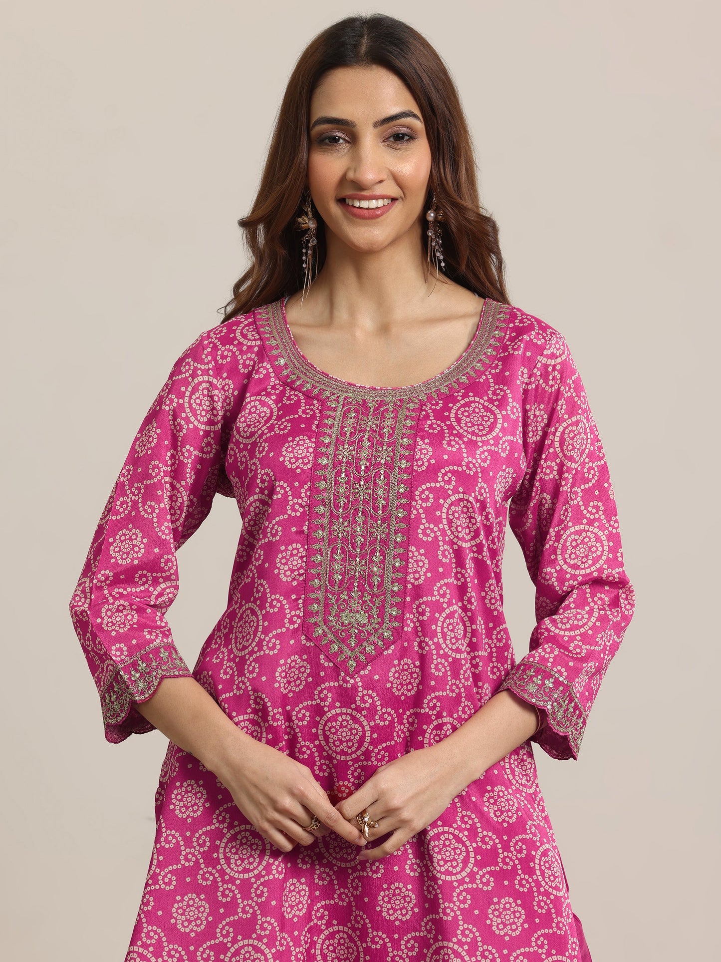 Pink Printed Chinon Straight Suit Set With Dupatta