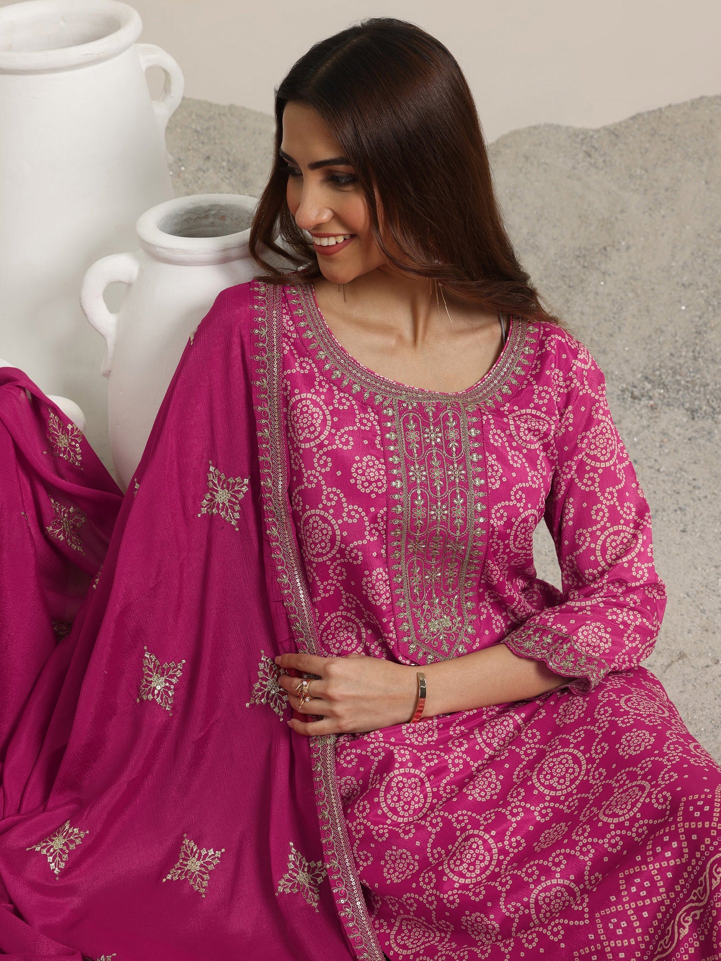 Pink Printed Chinon Straight Suit Set With Dupatta