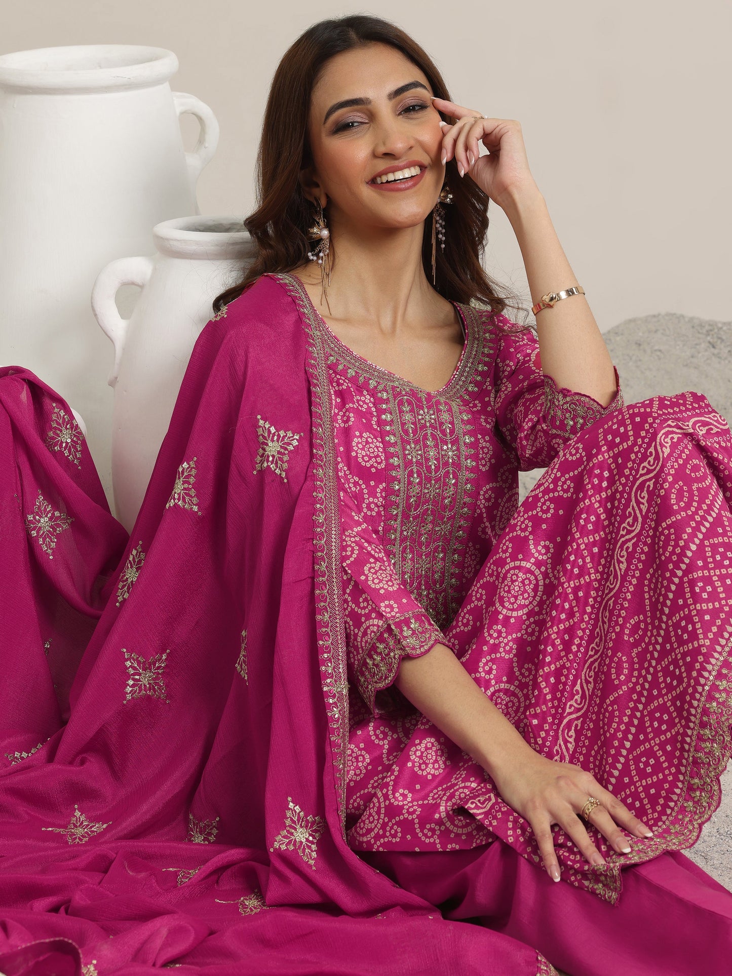 Pink Printed Chinon Straight Suit Set With Dupatta