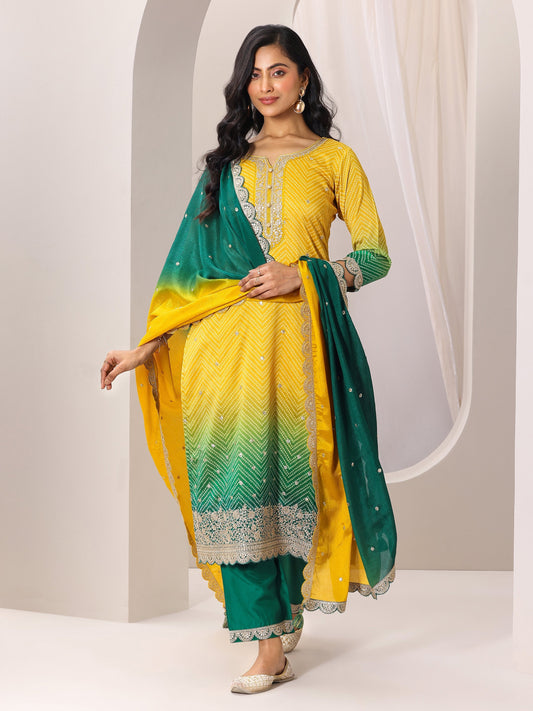 Mustard Printed Chinon Straight Suit Set With Dupatta