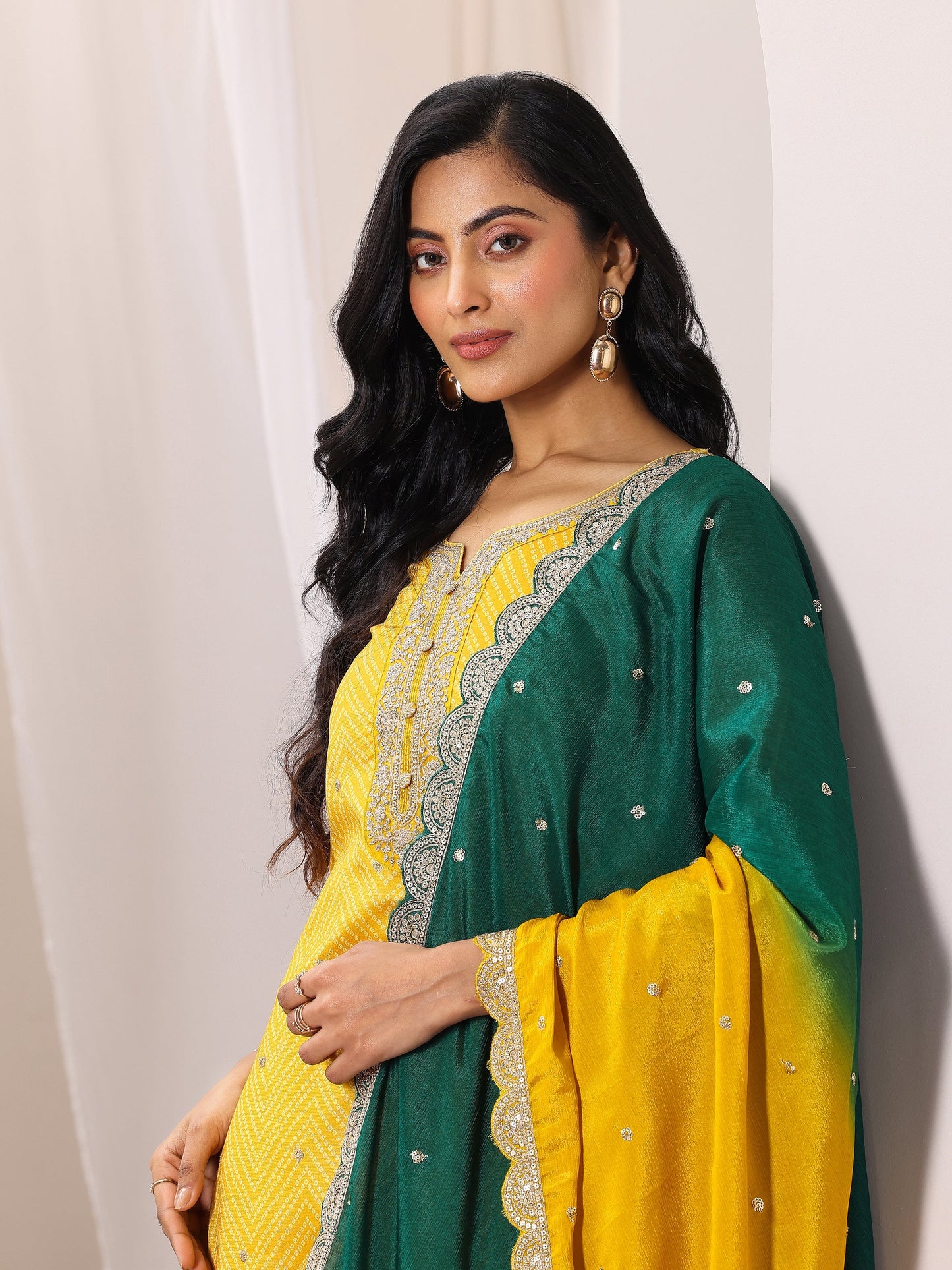 Mustard Printed Chinon Straight Suit Set With Dupatta