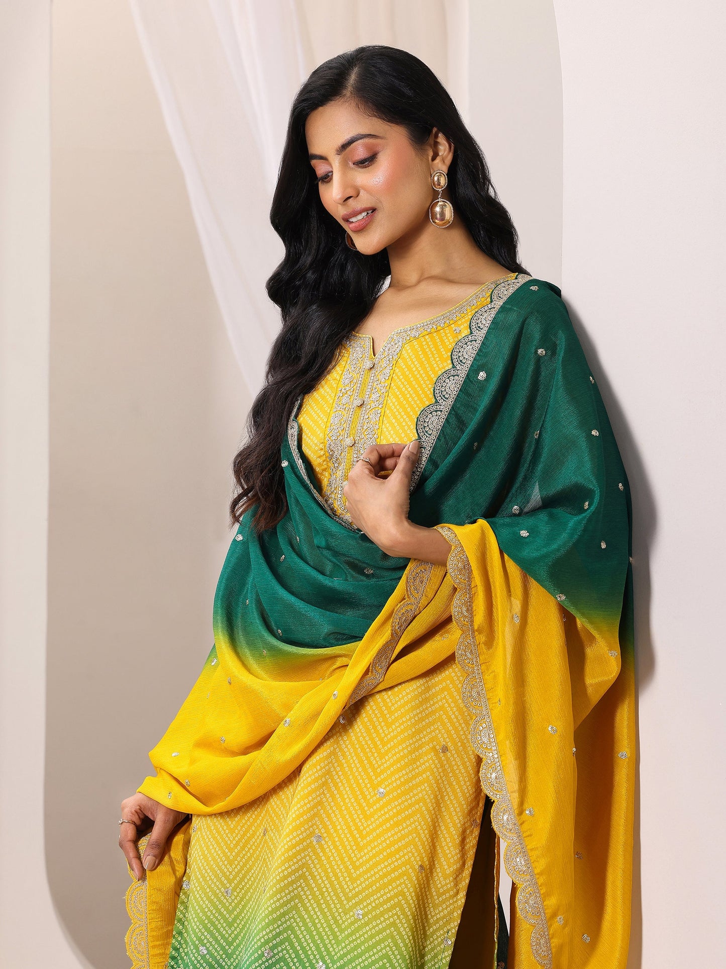 Mustard Printed Chinon Straight Suit Set With Dupatta