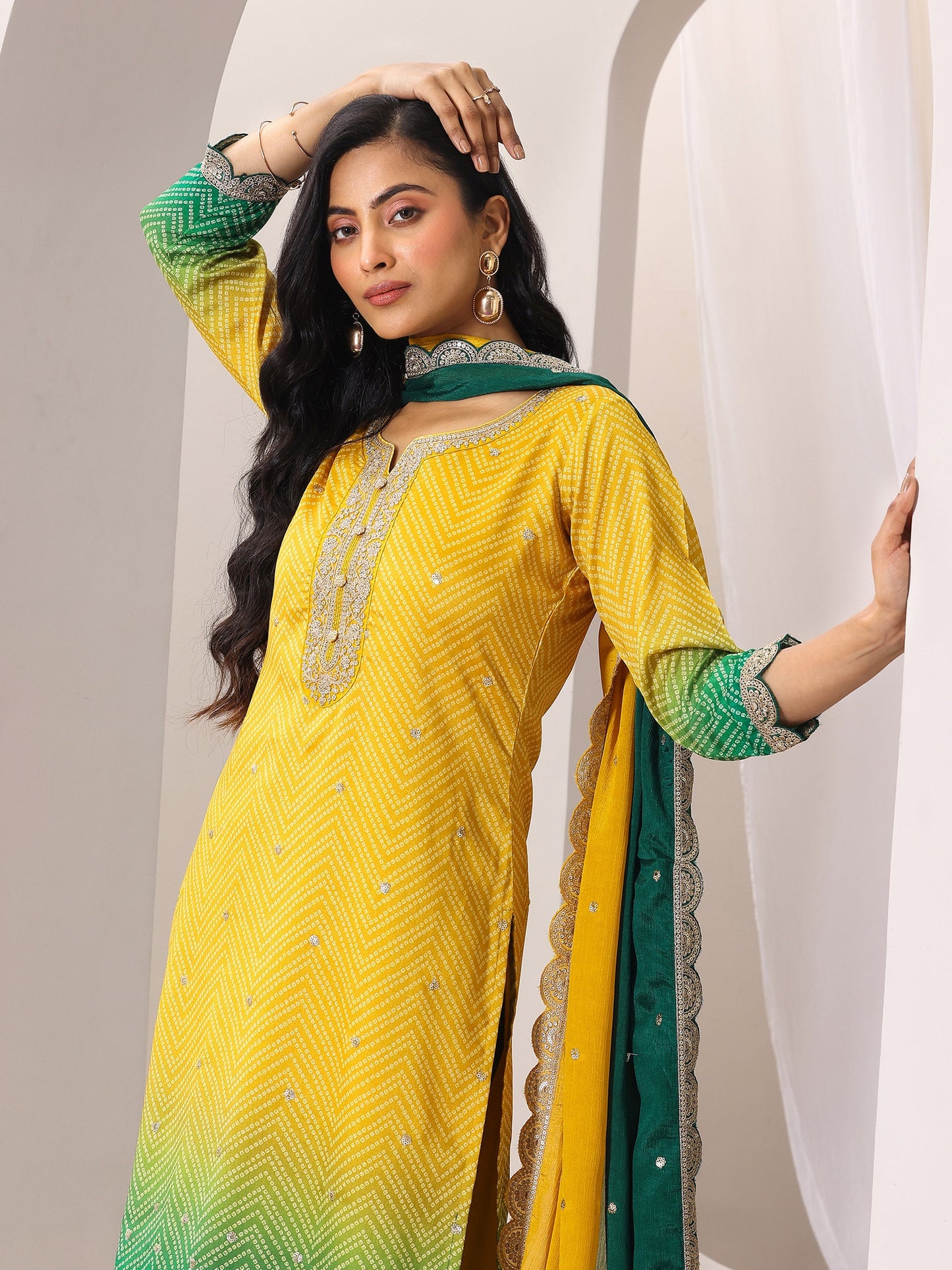 Mustard Printed Chinon Straight Suit Set With Dupatta