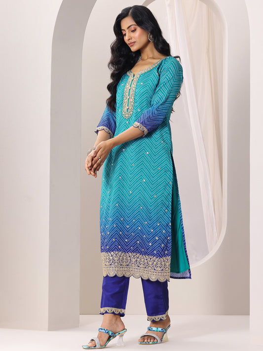 Blue Printed Chinon Straight Suit Set With Dupatta