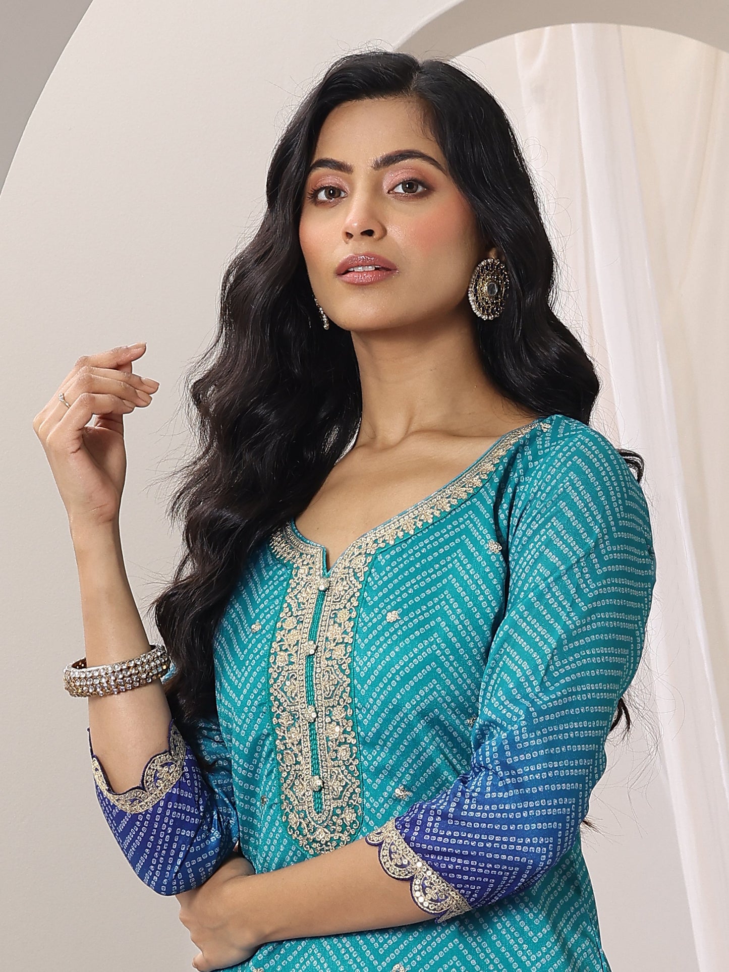 Blue Printed Chinon Straight Suit Set With Dupatta