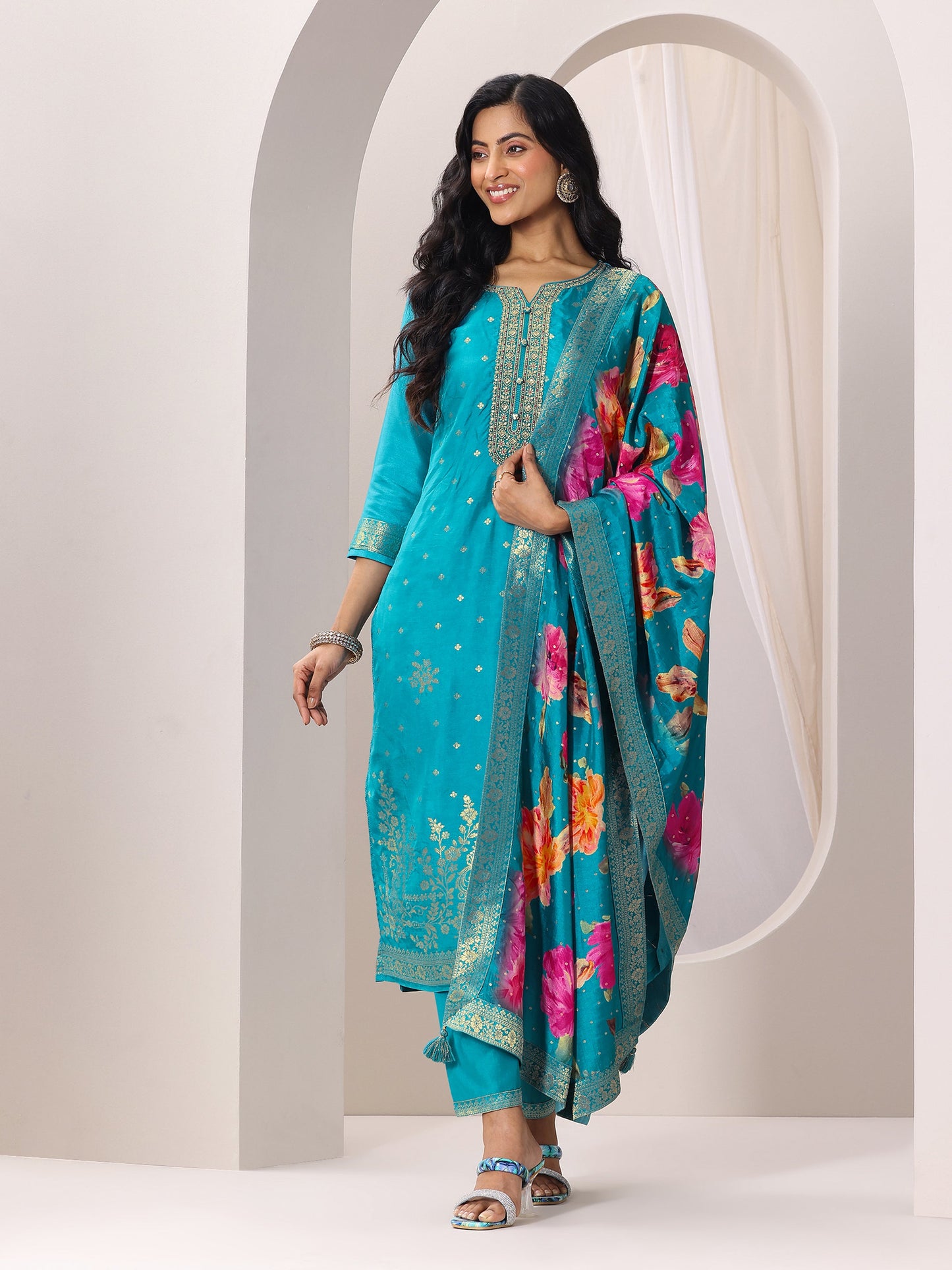Rama Woven Design Silk Blend Straight Suit Set With Dupatta