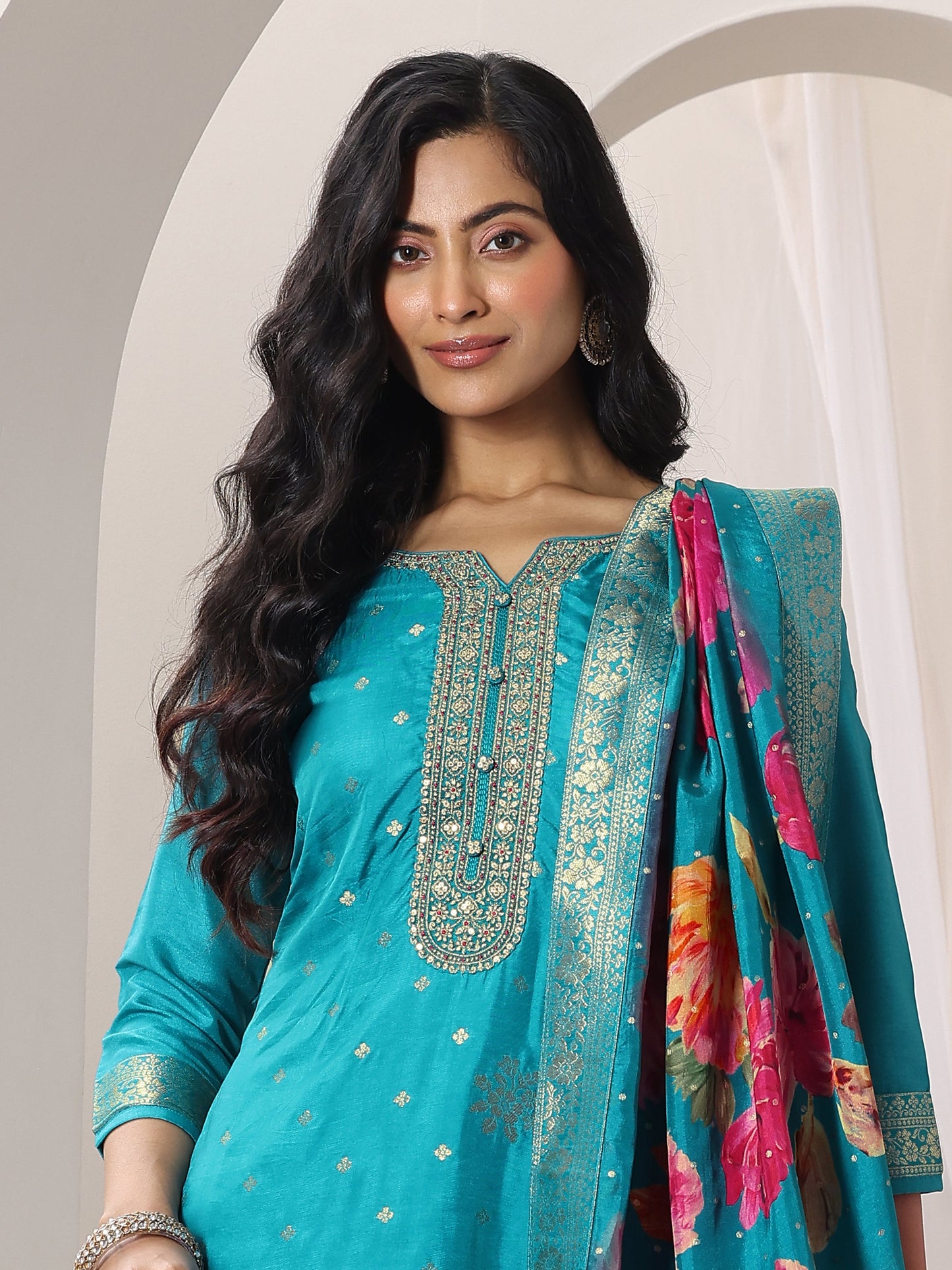 Rama Woven Design Silk Blend Straight Suit Set With Dupatta