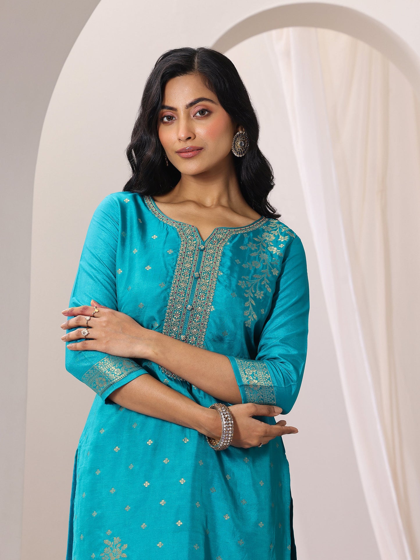 Rama Woven Design Silk Blend Straight Suit Set With Dupatta