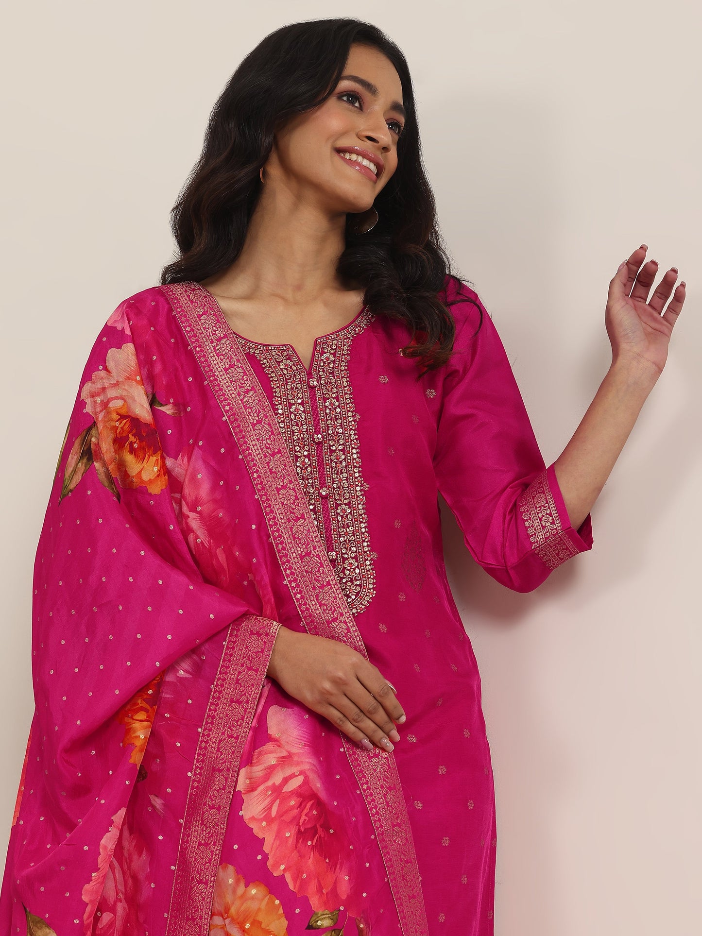 Pink Woven Design Silk Blend Straight Suit With Dupatta