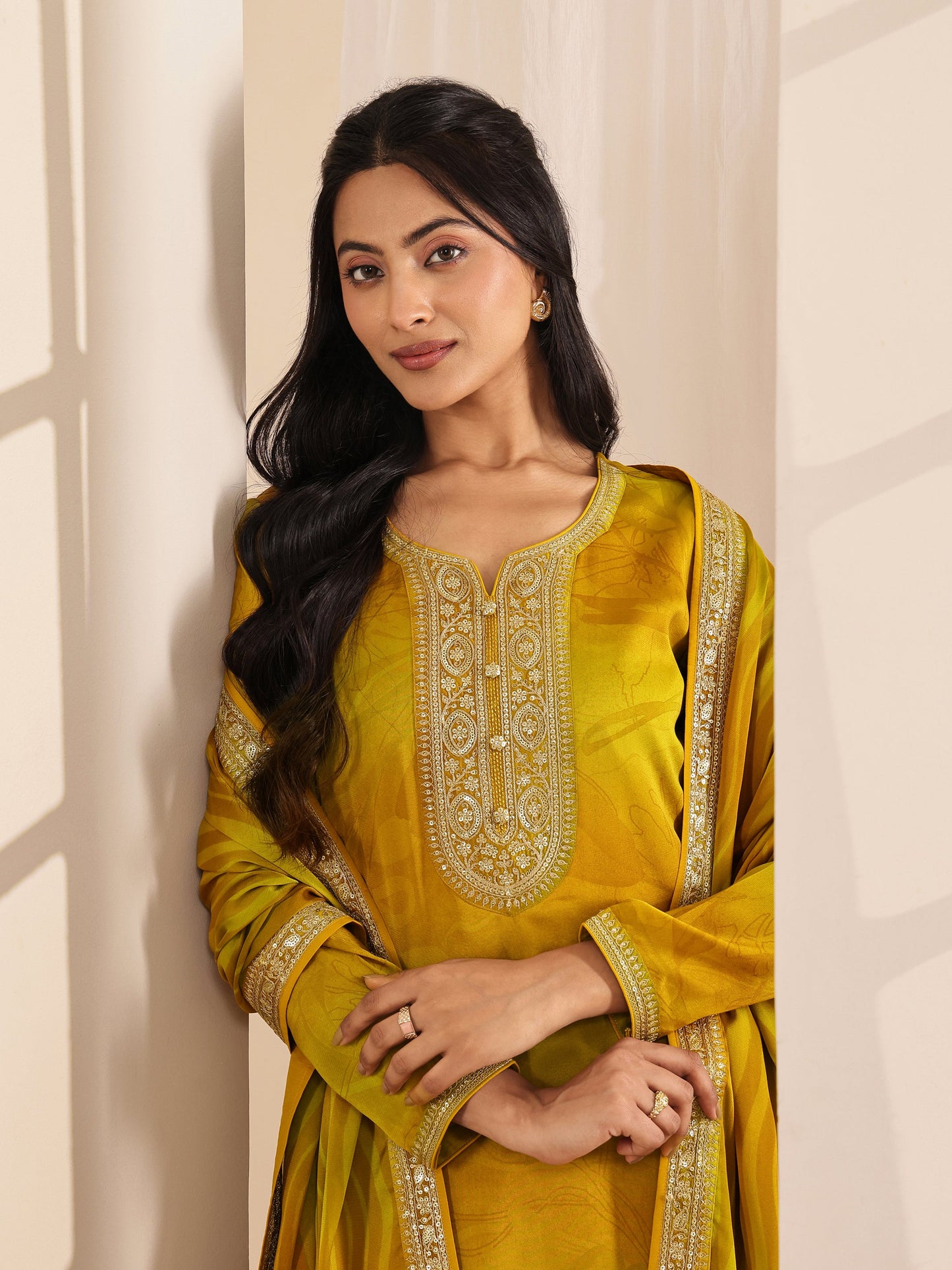 Mustard Printed Silk Blend Straight Suit Sets With Dupatta
