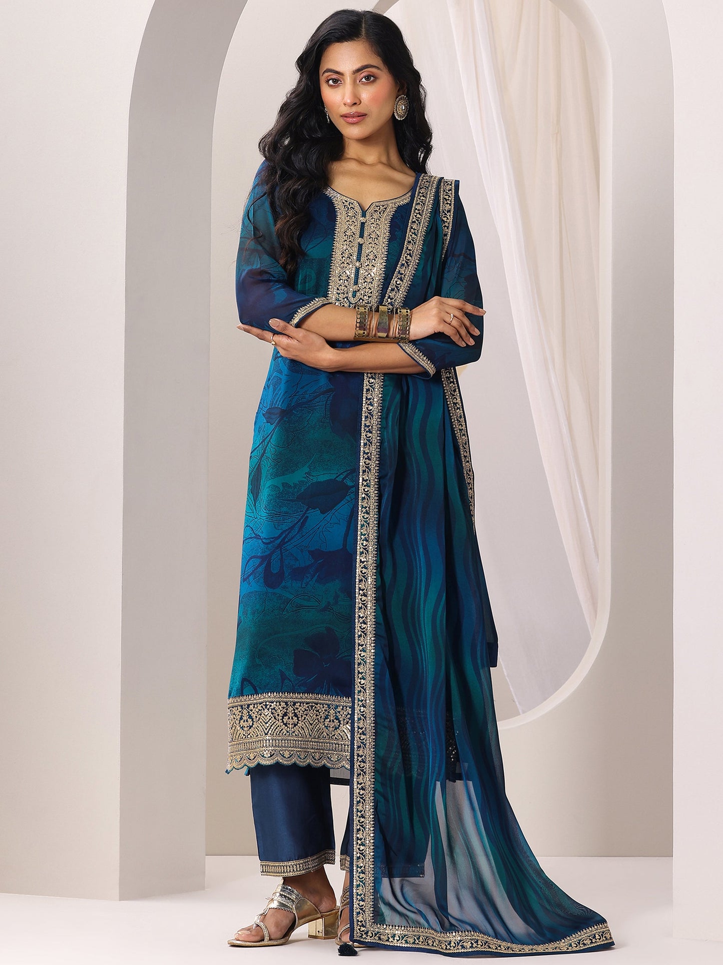 Teal Printed Silk Chiffon Straight Suit Set With Dupatta