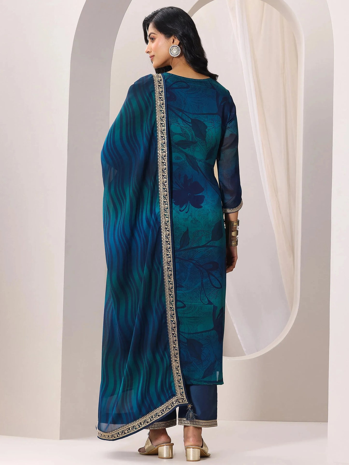 Teal Printed Silk Chiffon Straight Suit Set With Dupatta
