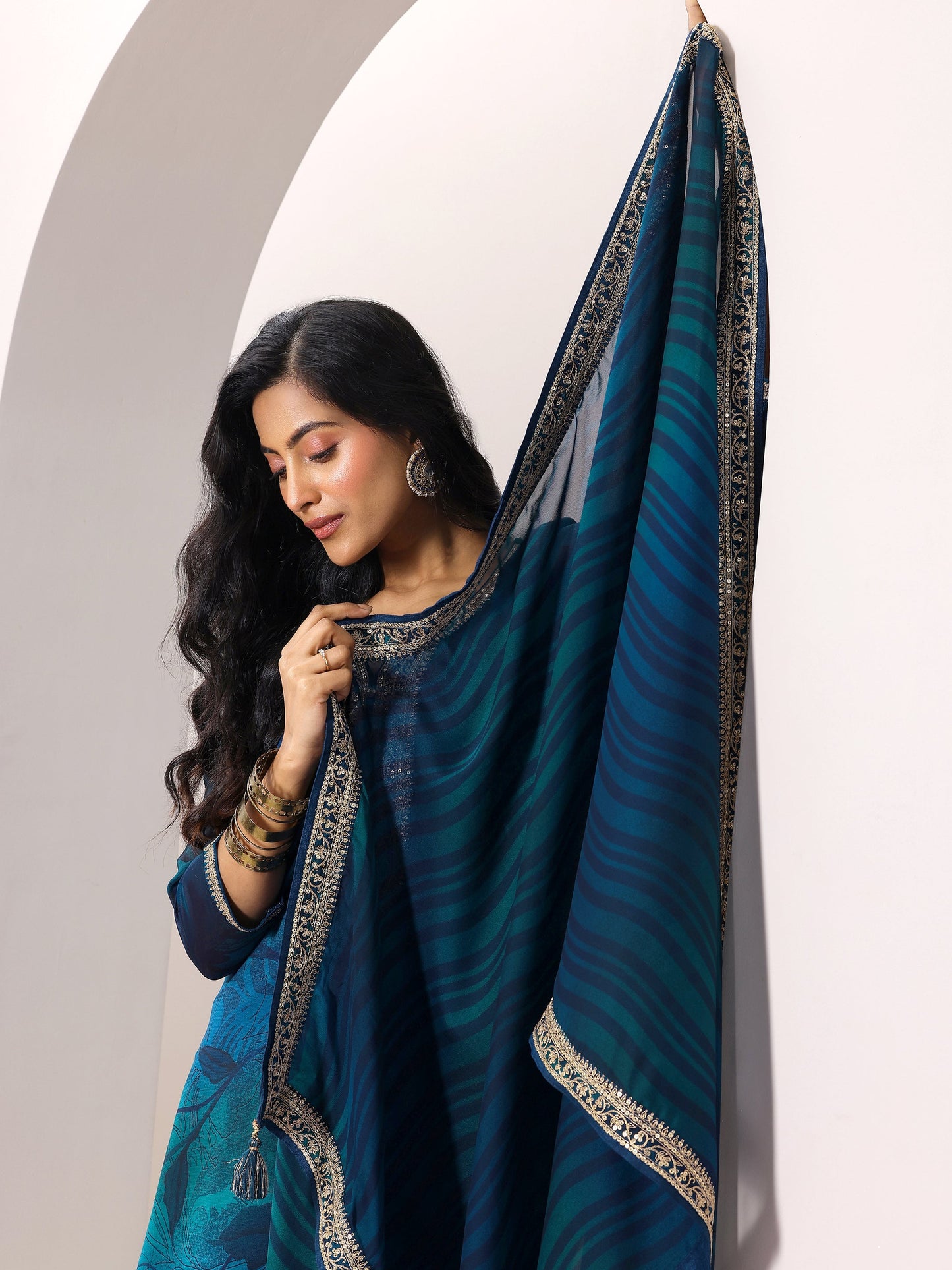 Teal Printed Silk Chiffon Straight Suit Set With Dupatta