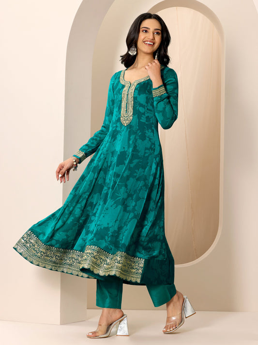 Rama Printed Silk Chiffon Anarkali Suit Set With Dupatta