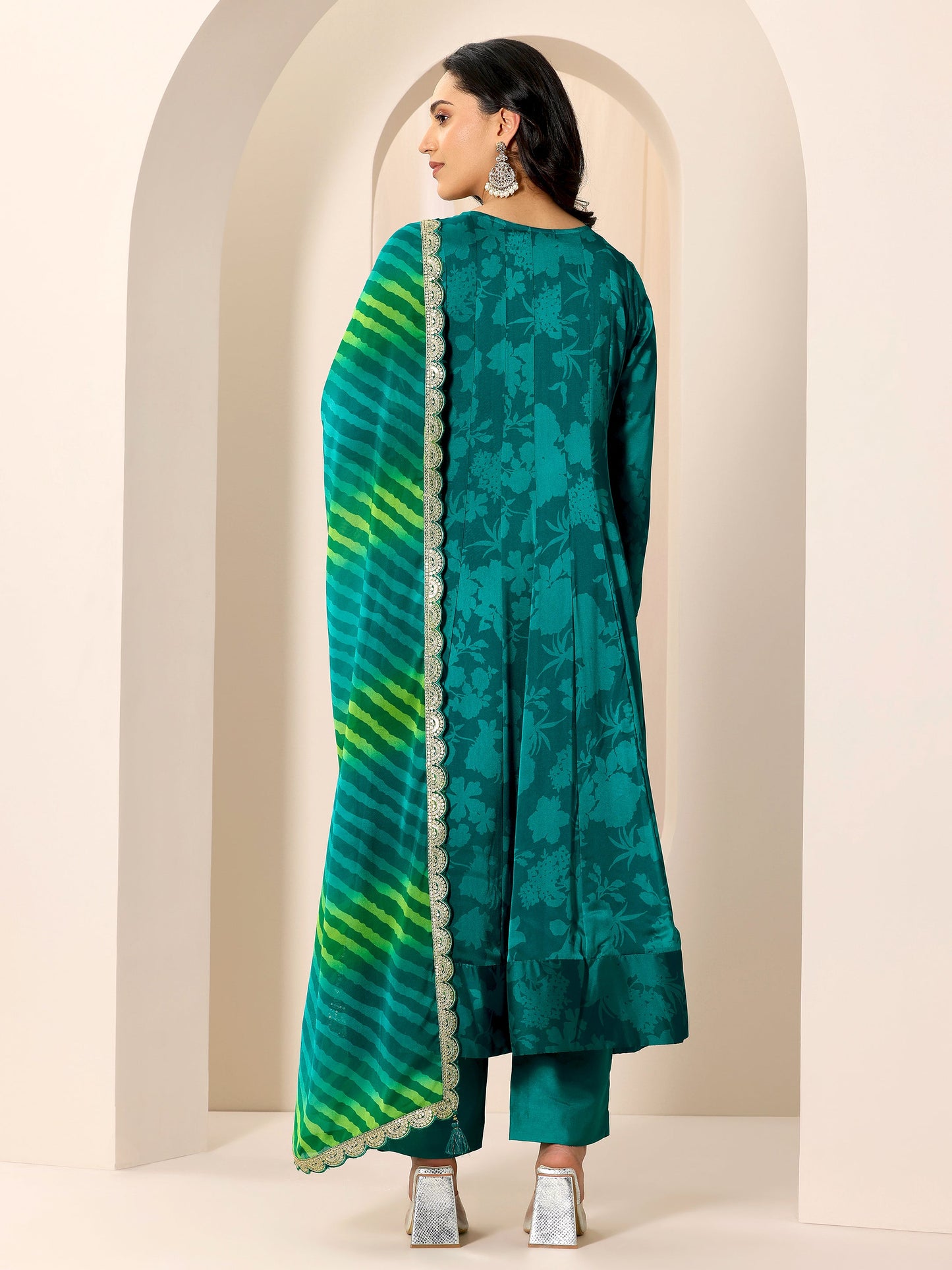 Rama Printed Silk Chiffon Anarkali Suit Set With Dupatta