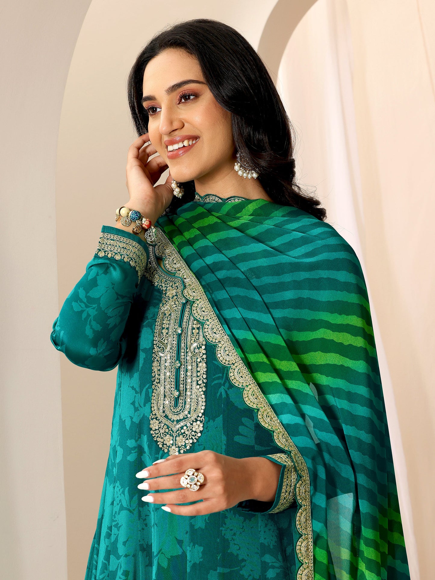 Rama Printed Silk Chiffon Anarkali Suit Set With Dupatta