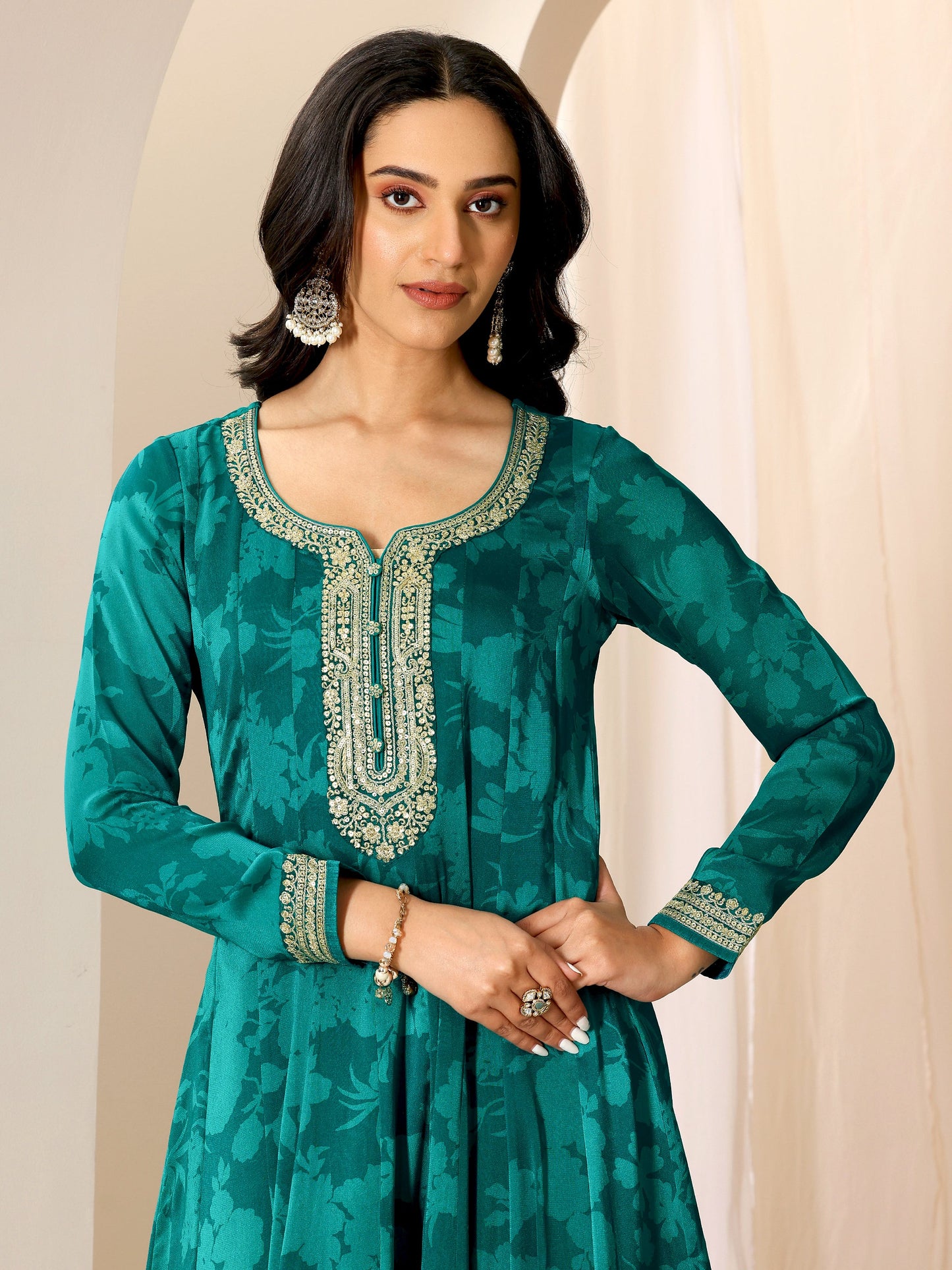 Rama Printed Silk Chiffon Anarkali Suit Set With Dupatta