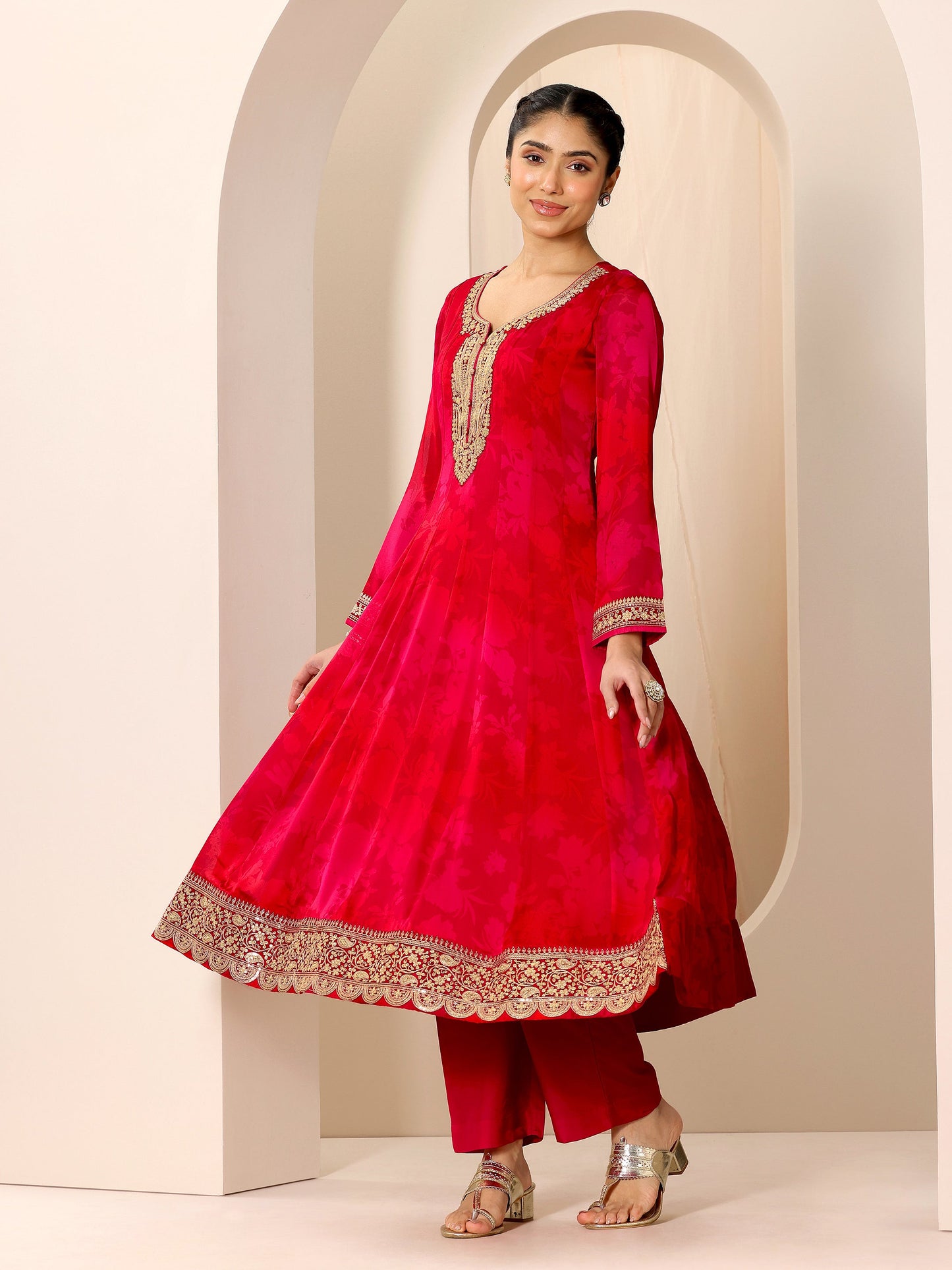 Red Printed Silk Chiffon Anarkali Suit Set With Dupatta