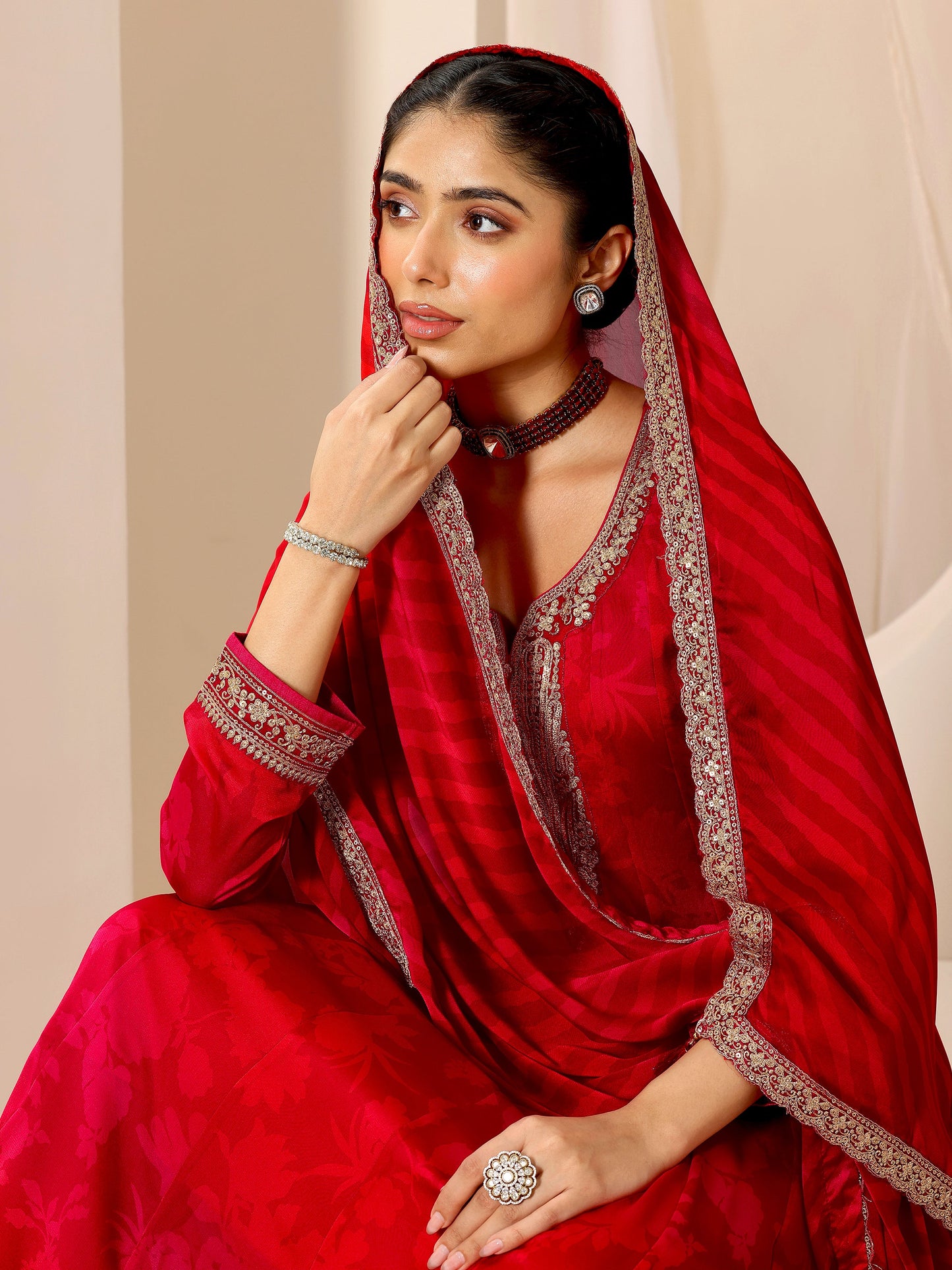 Red Printed Silk Chiffon Anarkali Suit Set With Dupatta