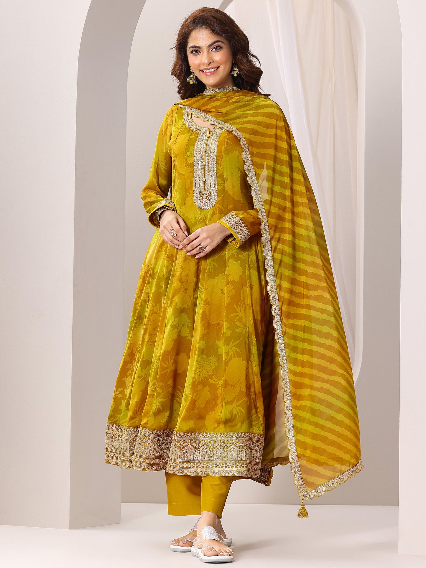 Mustard Printed Silk Chiffon Anarkali Suit Set With Dupatta