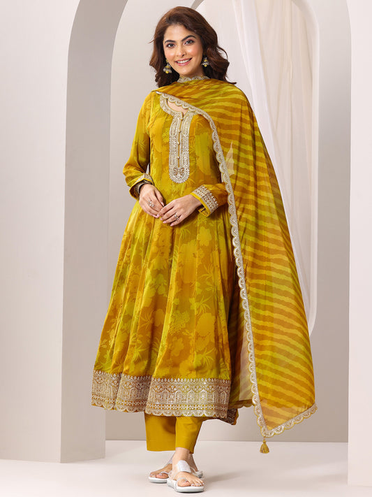 Mustard Printed Silk Chiffon Anarkali Suit Set With Dupatta
