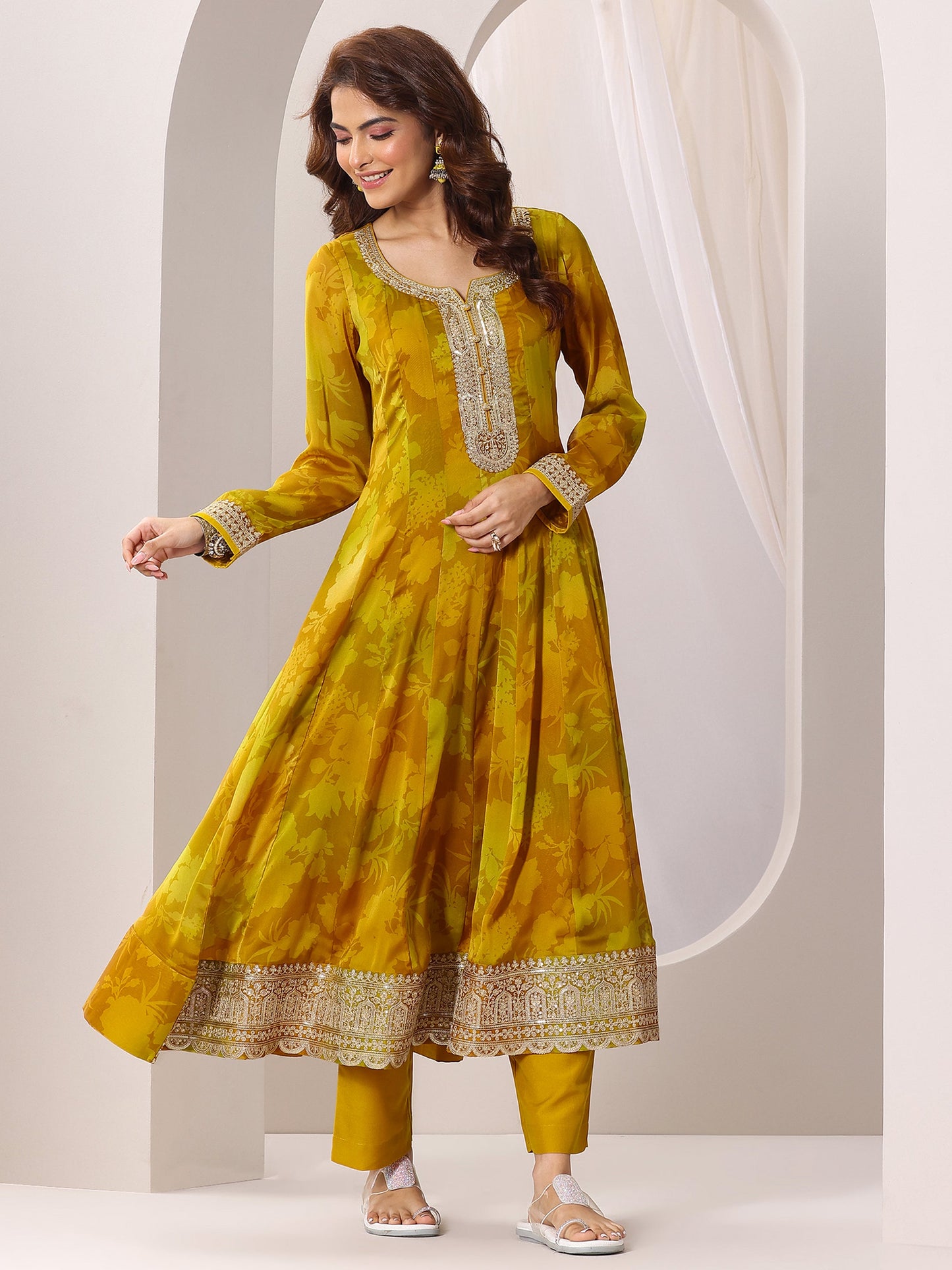 Mustard Printed Silk Chiffon Anarkali Suit Set With Dupatta